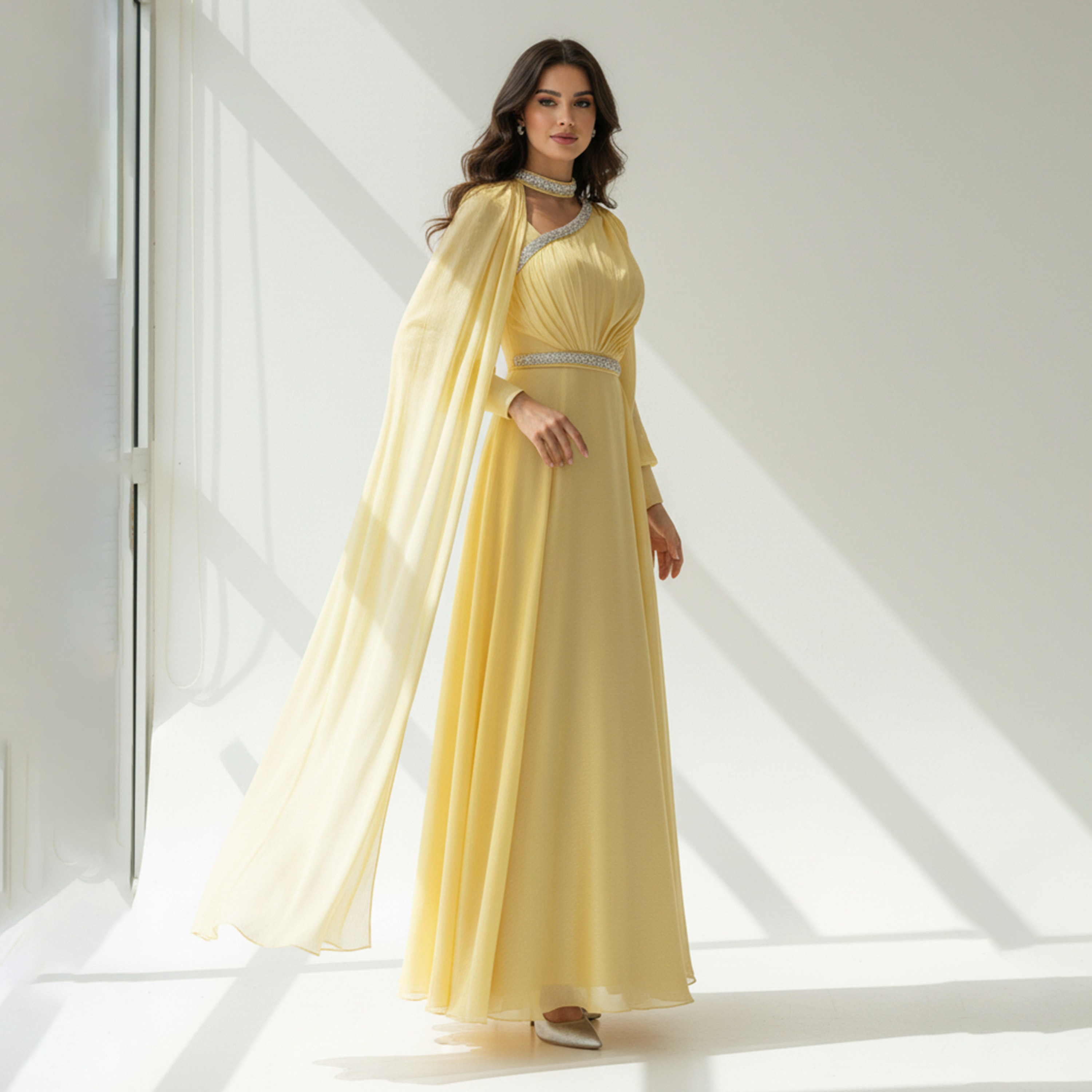فستان سهرة ماكسي نسائي بكتف واحد مع كيب "أورجانزا" ومزين بخرز الكريستال من أكاديا-women-clothing-dresses-image-2