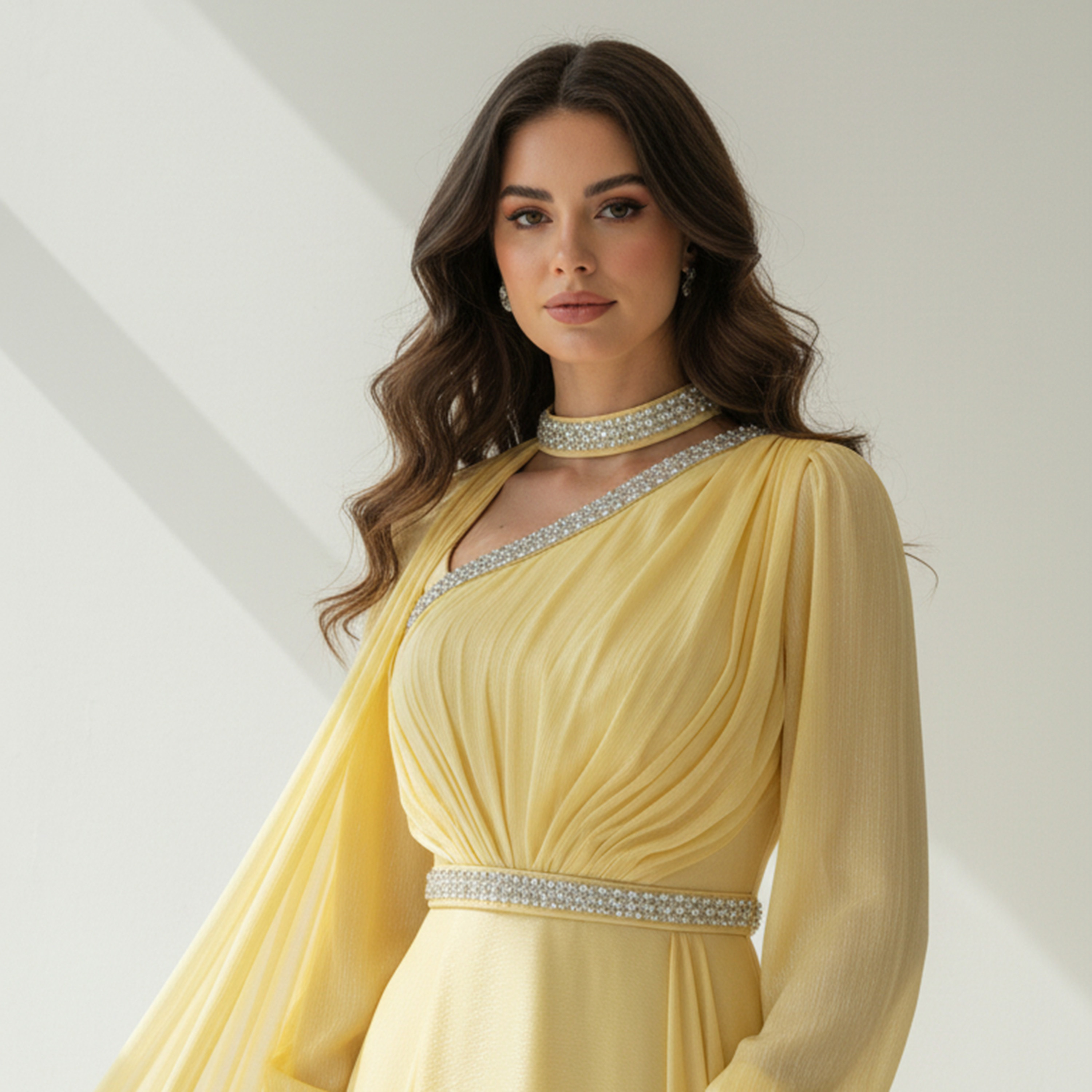 فستان سهرة ماكسي نسائي بكتف واحد مع كيب "أورجانزا" ومزين بخرز الكريستال من أكاديا-women-clothing-dresses-image-3