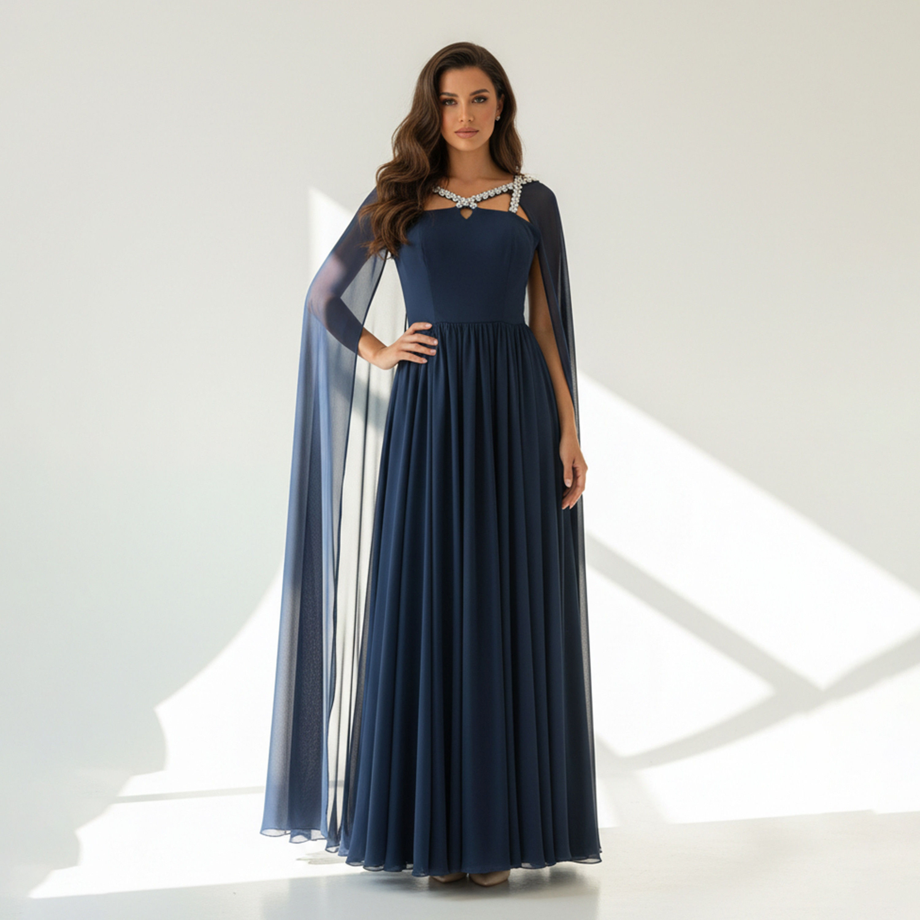Akadia Crystal Organza Criss-Cross Neck Cape Sleeves Fit & Flare Women's Evening Maxi Dress-women-clothing-dresses-image-1