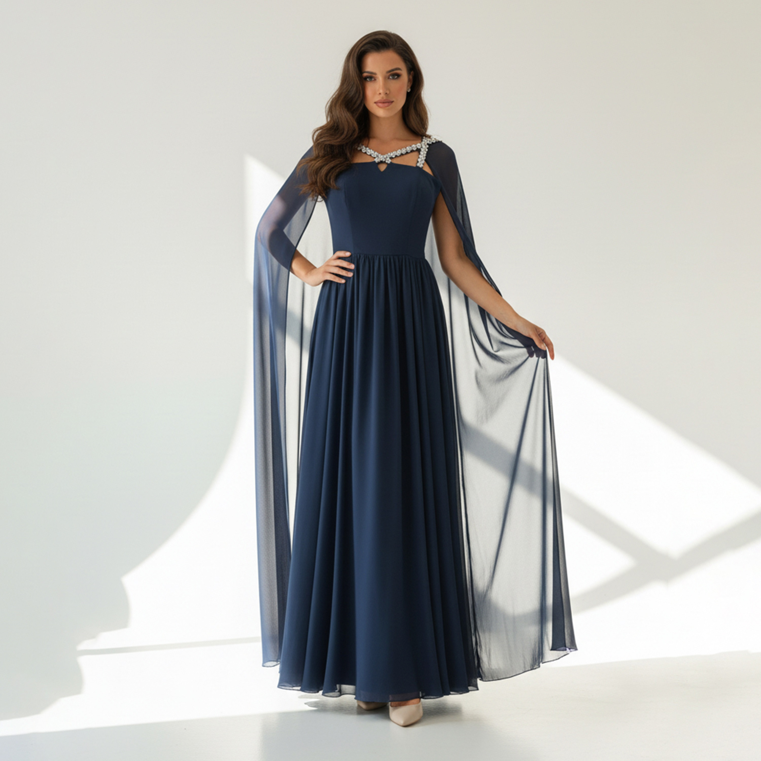 Akadia Crystal Organza Criss-Cross Neck Cape Sleeves Fit & Flare Women's Evening Maxi Dress-women-clothing-dresses-image-2
