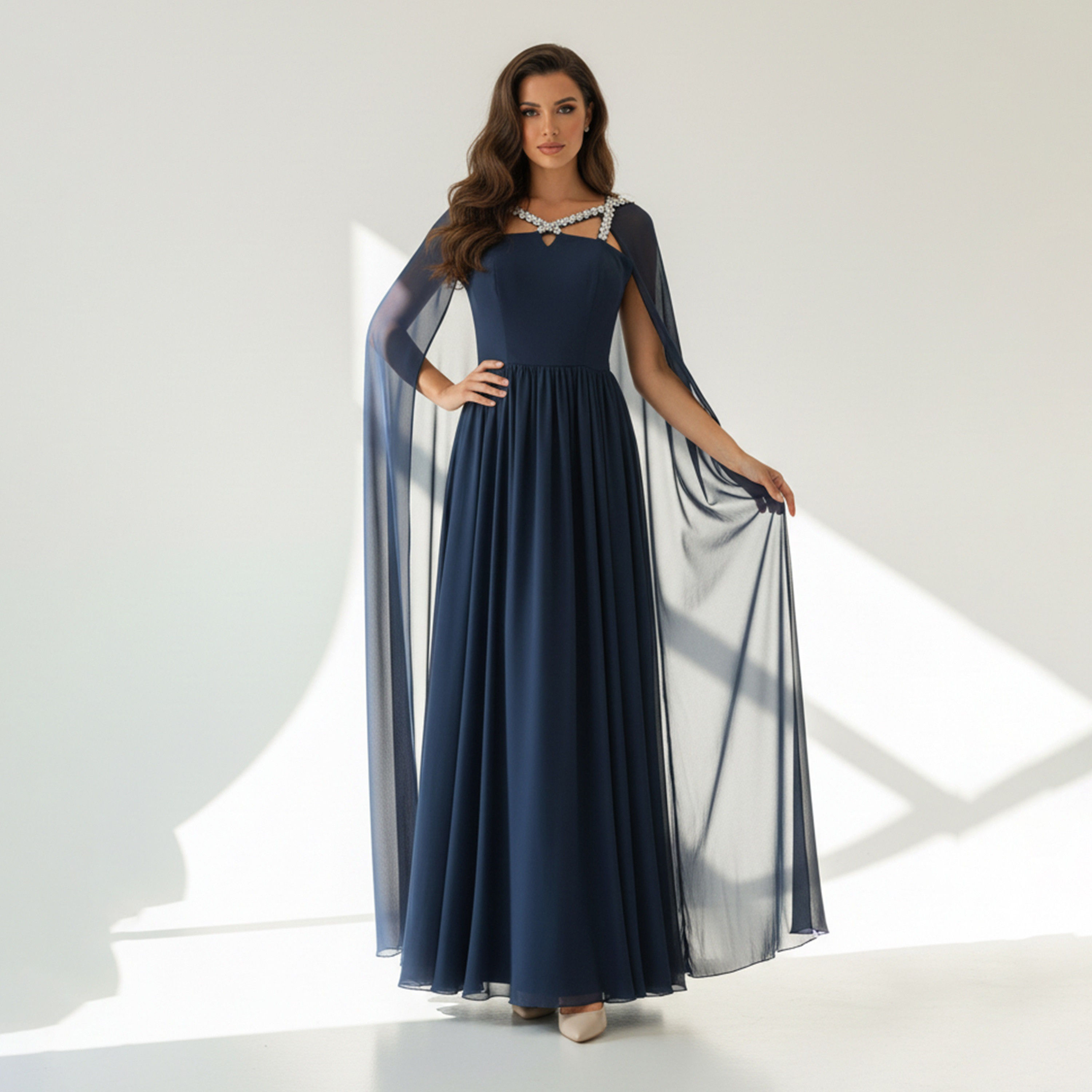 Akadia Crystal Organza Criss-Cross Neck Cape Sleeves Fit & Flare Women's Evening Maxi Dress-women-clothing-dresses-image-2