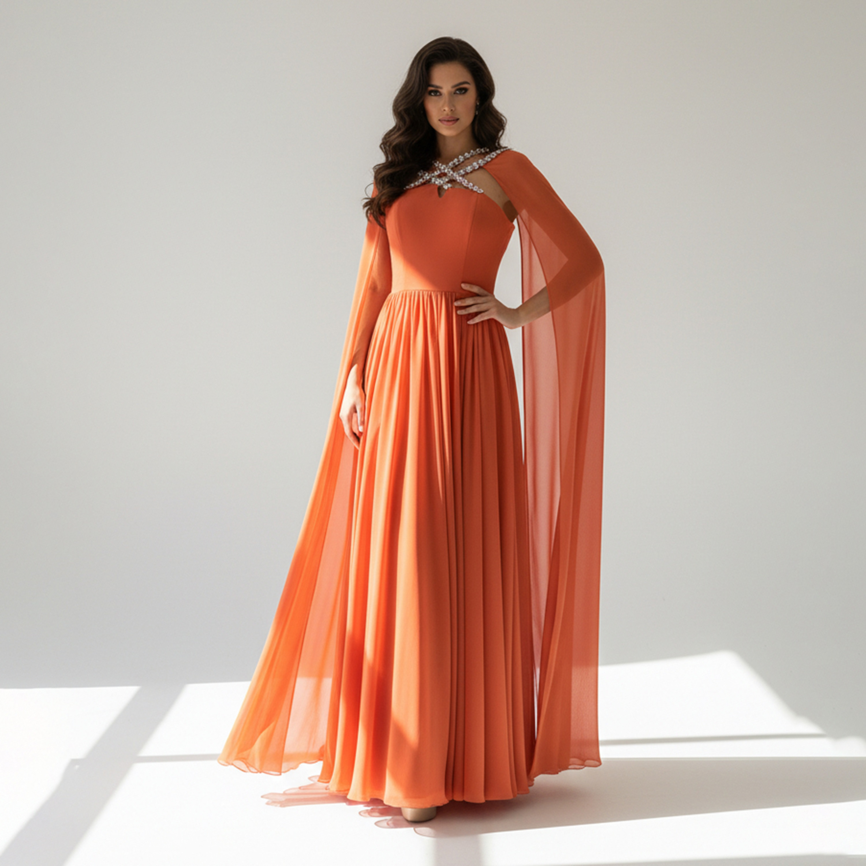 Akadia Crystal Organza Criss-Cross Neck Cape Sleeves Fit & Flare Women's Evening Maxi Dress-women-clothing-dresses-image-4