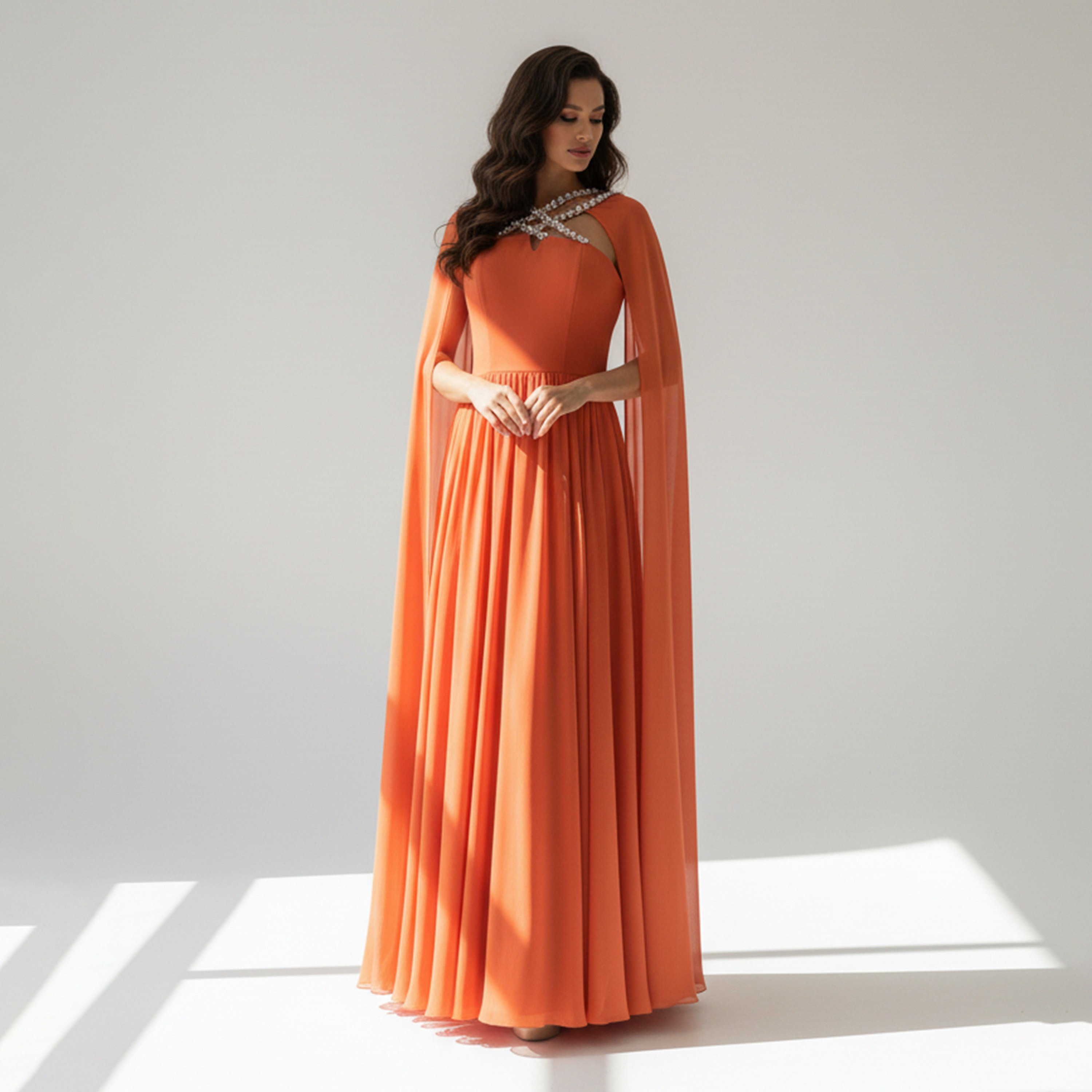 Akadia Crystal Organza Criss-Cross Neck Cape Sleeves Fit & Flare Women's Evening Maxi Dress-women-clothing-dresses-image-5