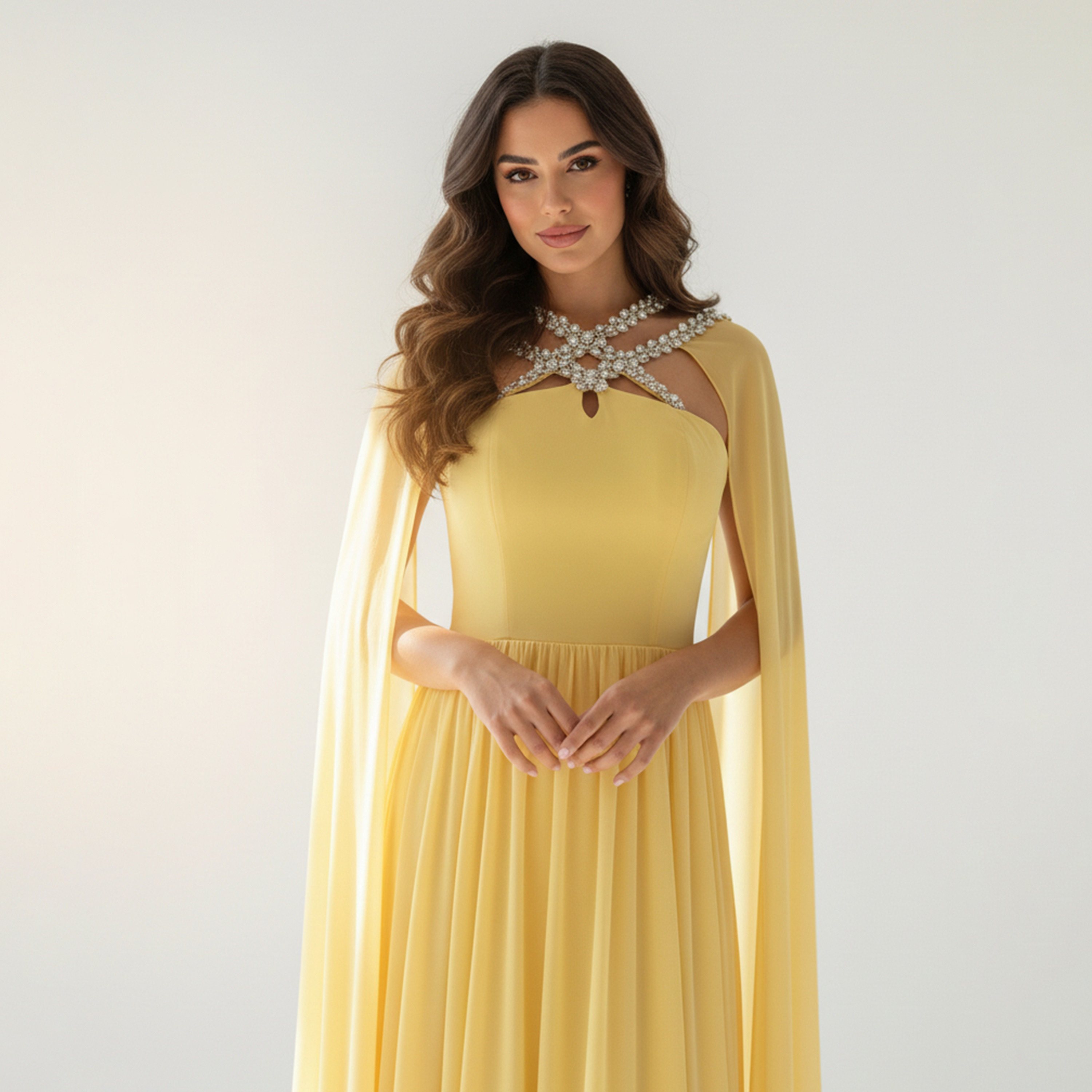 Akadia Crystal Organza Criss-Cross Neck Cape Sleeves Fit & Flare Women's Evening Maxi Dress-women-clothing-dresses-image-9