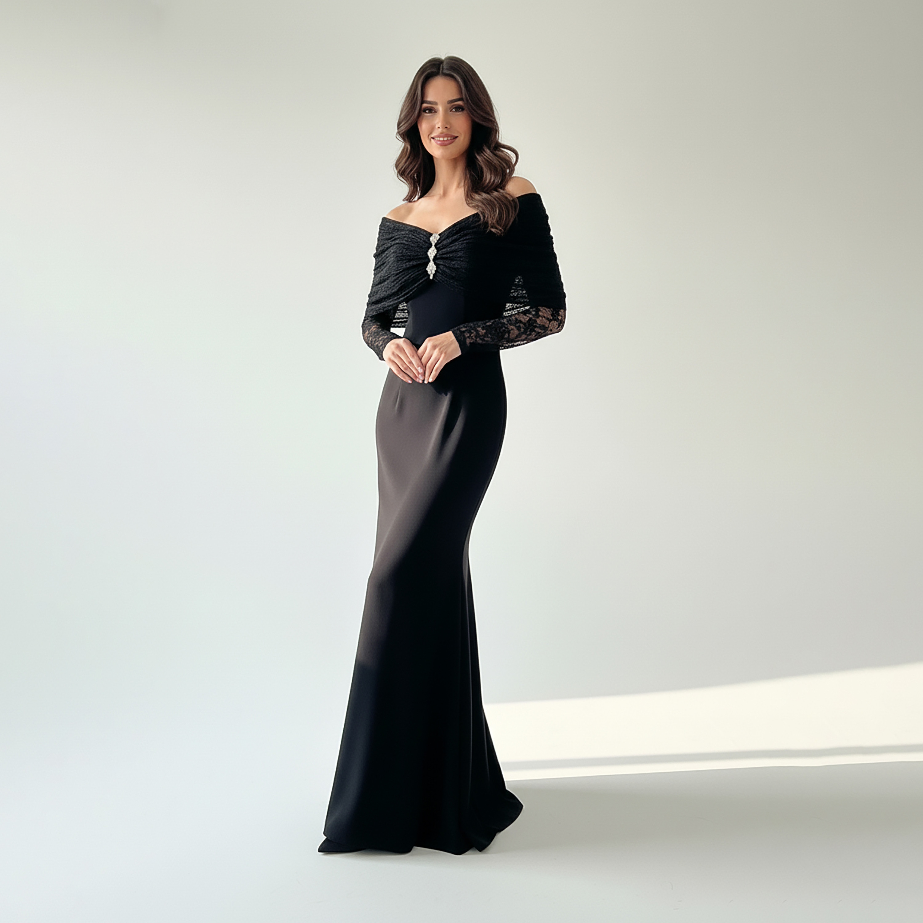Akadia Bodice Dantel Lace Crepe Off-Shoulder Mermaid Women's Maxi Dress-women-clothing-dresses-image-2