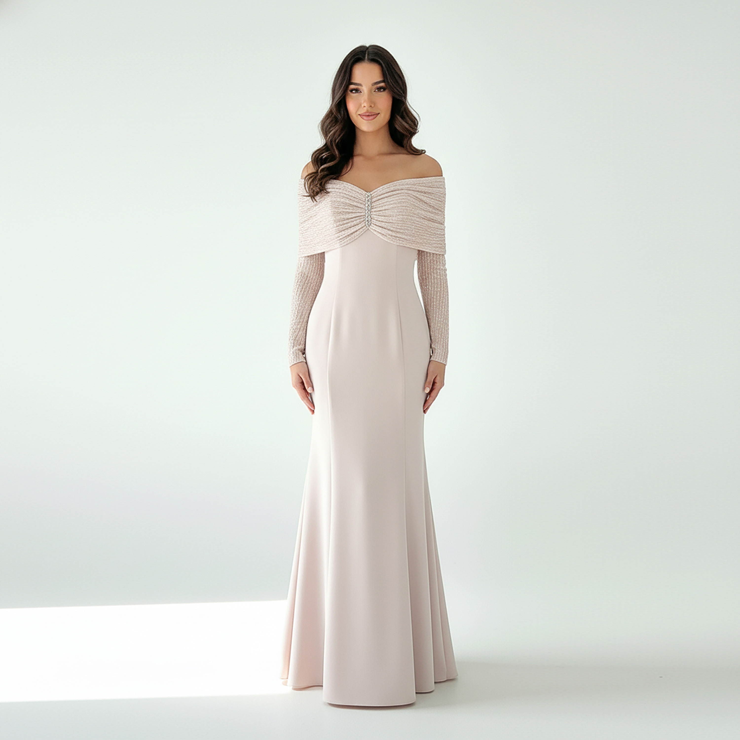 Akadia Textured Bodice Dantel Crepe Off-Shoulder Mermaid Women's Maxi Dress-women-clothing-dresses-image-1