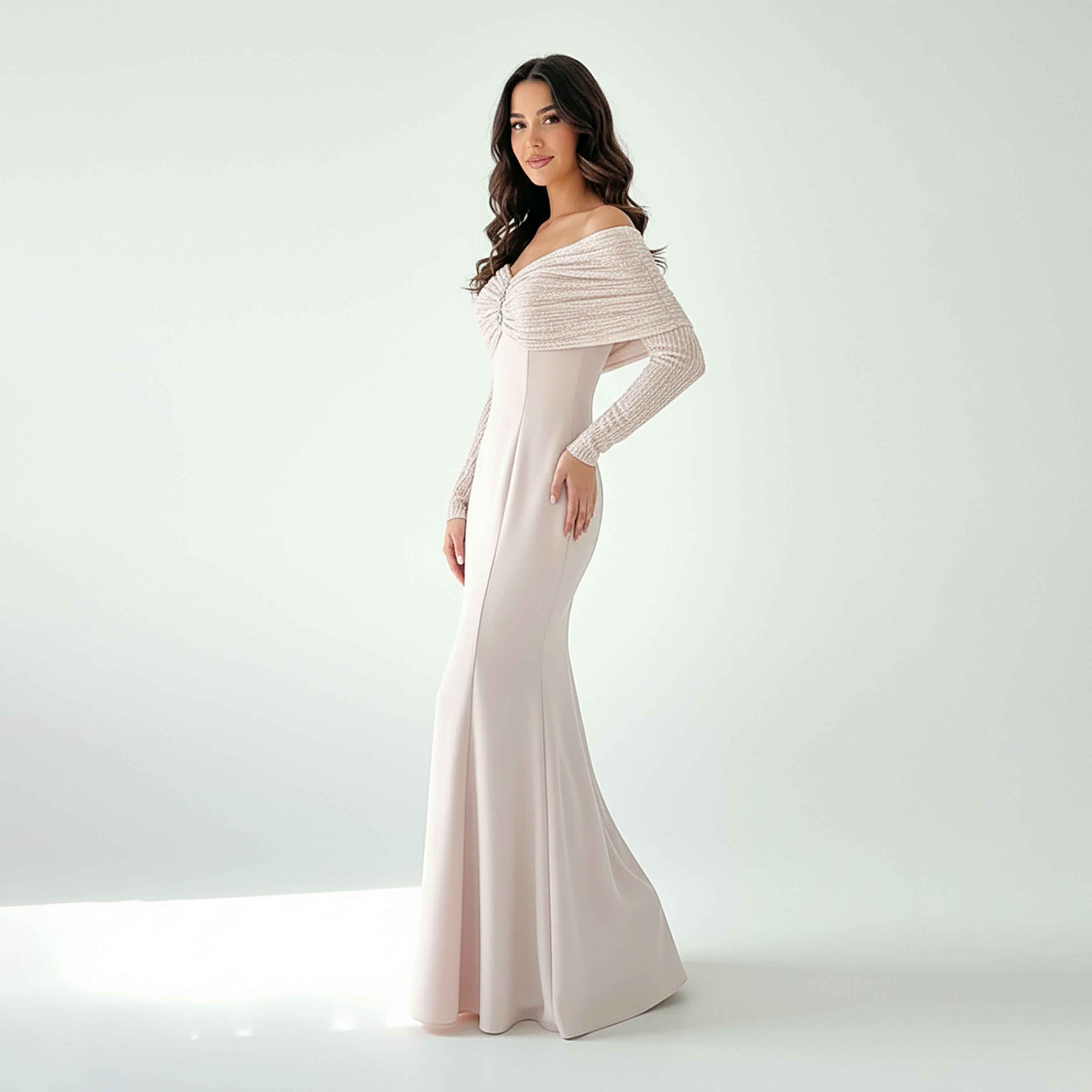 Akadia Textured Bodice Dantel Crepe Off-Shoulder Mermaid Women's Maxi Dress-women-clothing-dresses-image-2