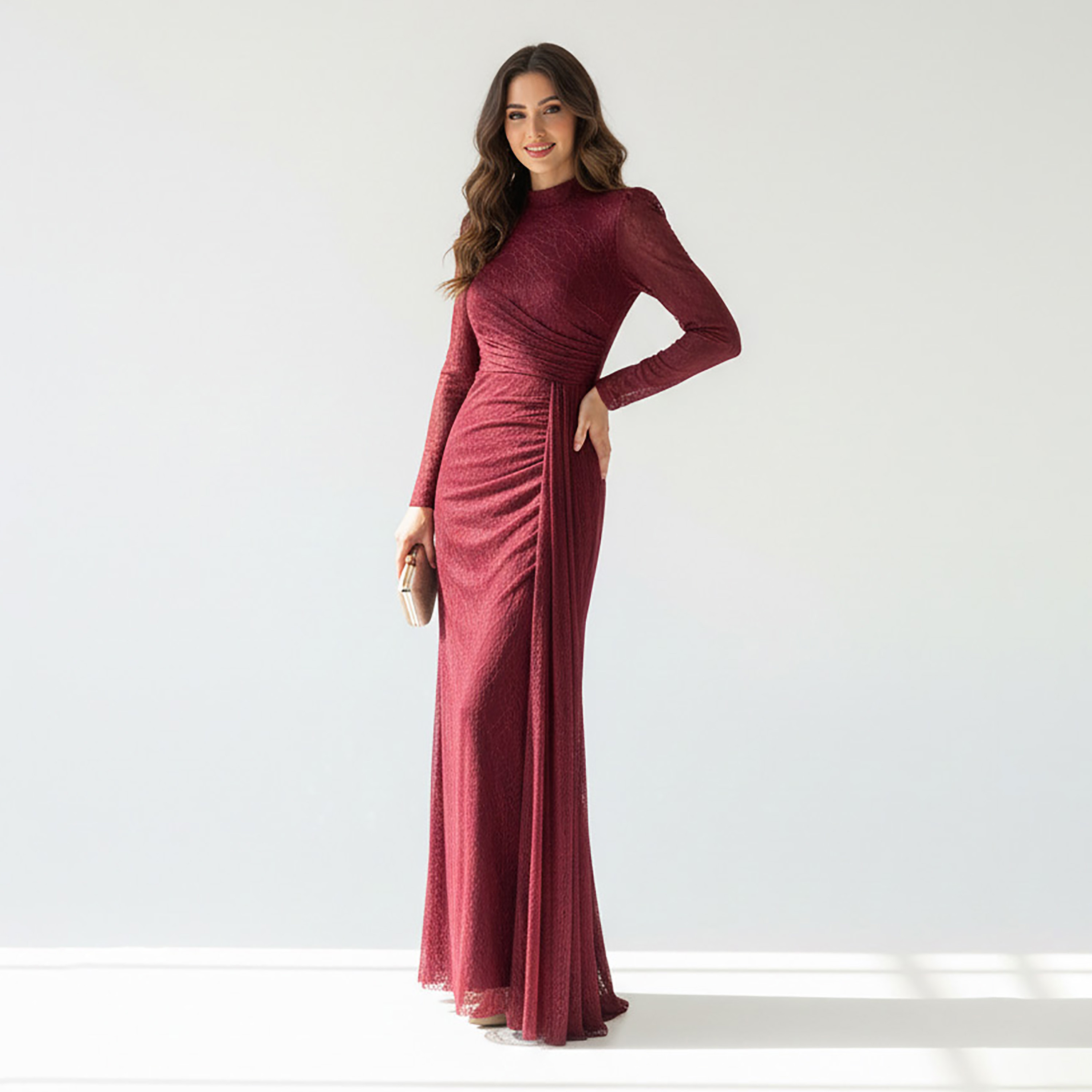 فستان سهرة ماكسي حريمي بتصميم مستقيم (كولوم) قماش دانتيل بالكامل بياقة مرتفعة من أكاديا-women-clothing-dresses-image-2