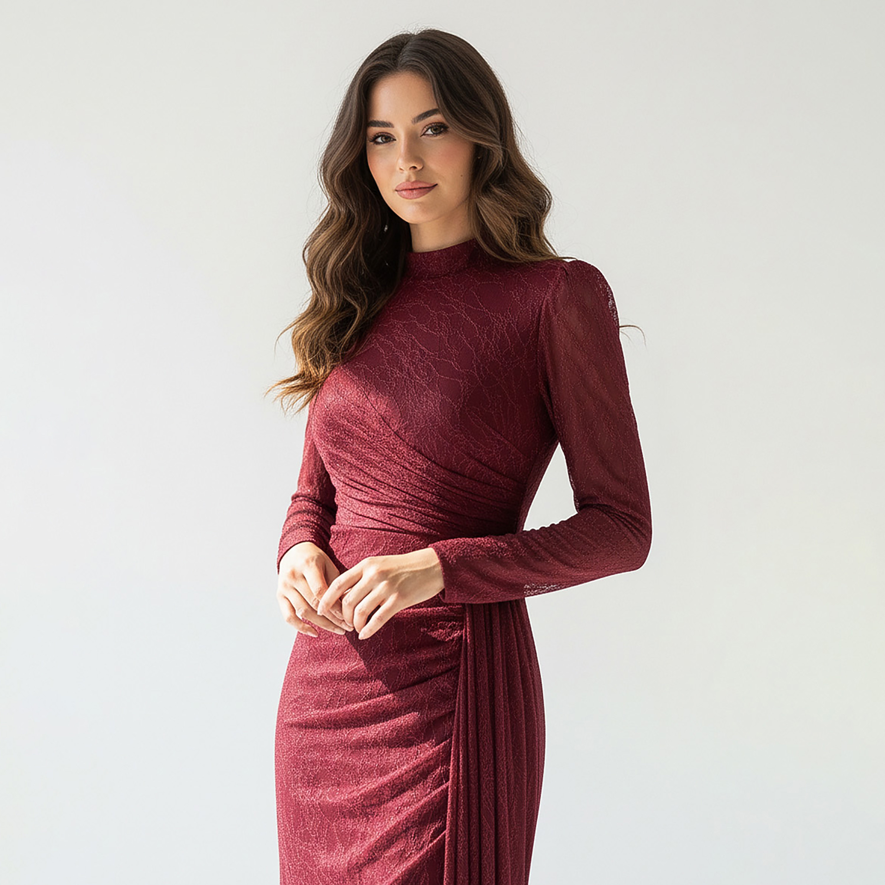 فستان سهرة ماكسي حريمي بتصميم مستقيم (كولوم) قماش دانتيل بالكامل بياقة مرتفعة من أكاديا-women-clothing-dresses-image-3