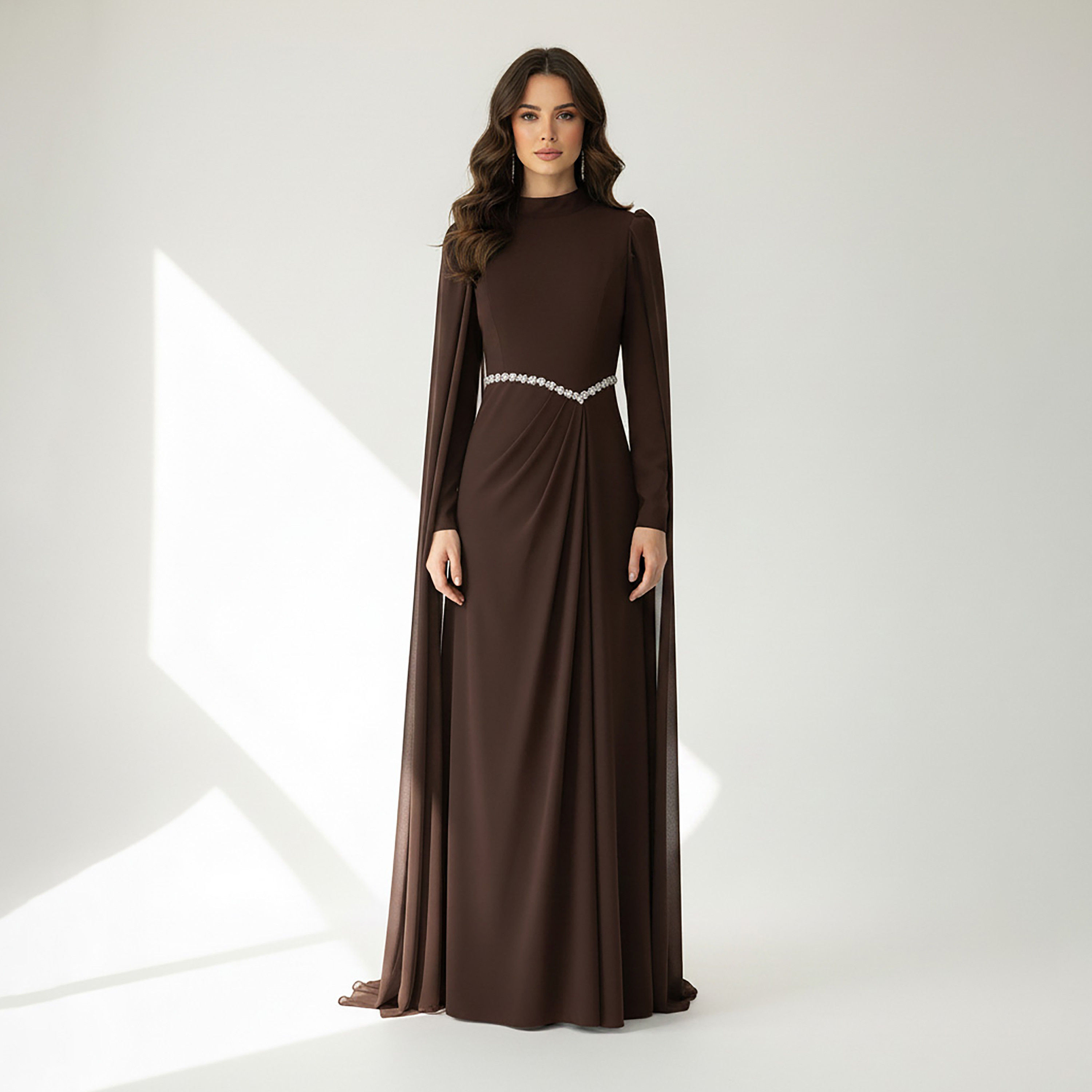 فستان سهرة ماكسي حريمي بتصميم مستقيم (كولوم) ضيق قماش كريب شيفون بياقة عالية من أكاديا-women-clothing-dresses-image-7