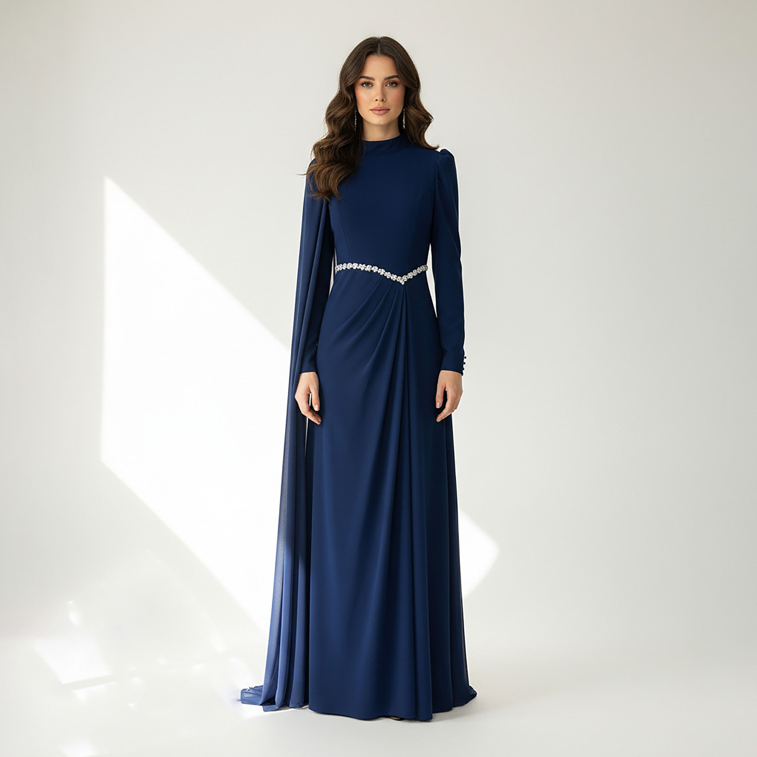 فستان سهرة ماكسي حريمي بتصميم مستقيم (كولوم) ضيق قماش كريب شيفون بياقة عالية من أكاديا-women-clothing-dresses-image-1