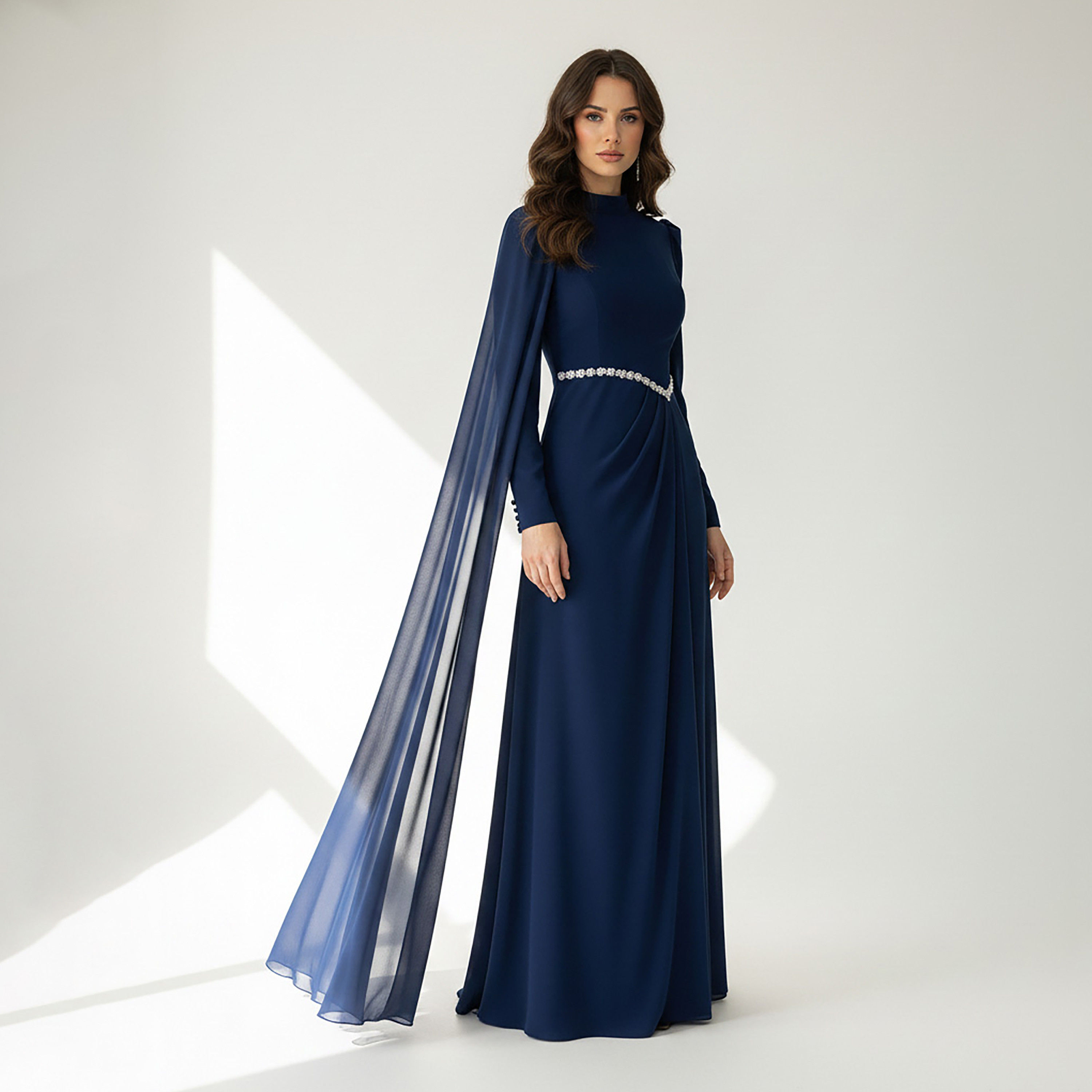 فستان سهرة ماكسي حريمي بتصميم مستقيم (كولوم) ضيق قماش كريب شيفون بياقة عالية من أكاديا-women-clothing-dresses-image-2