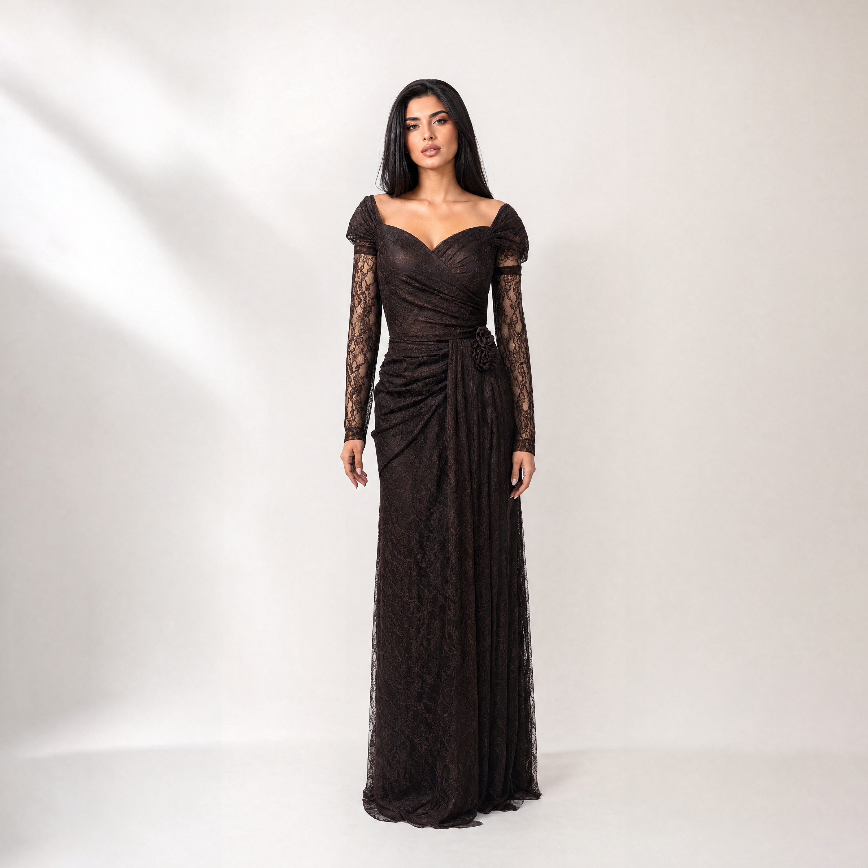 Akadia All-Over Lace Dantel Sweetheart Neck Fitted Sleeves Column Women's Evening Maxi Dress-women-clothing-dresses-image-1