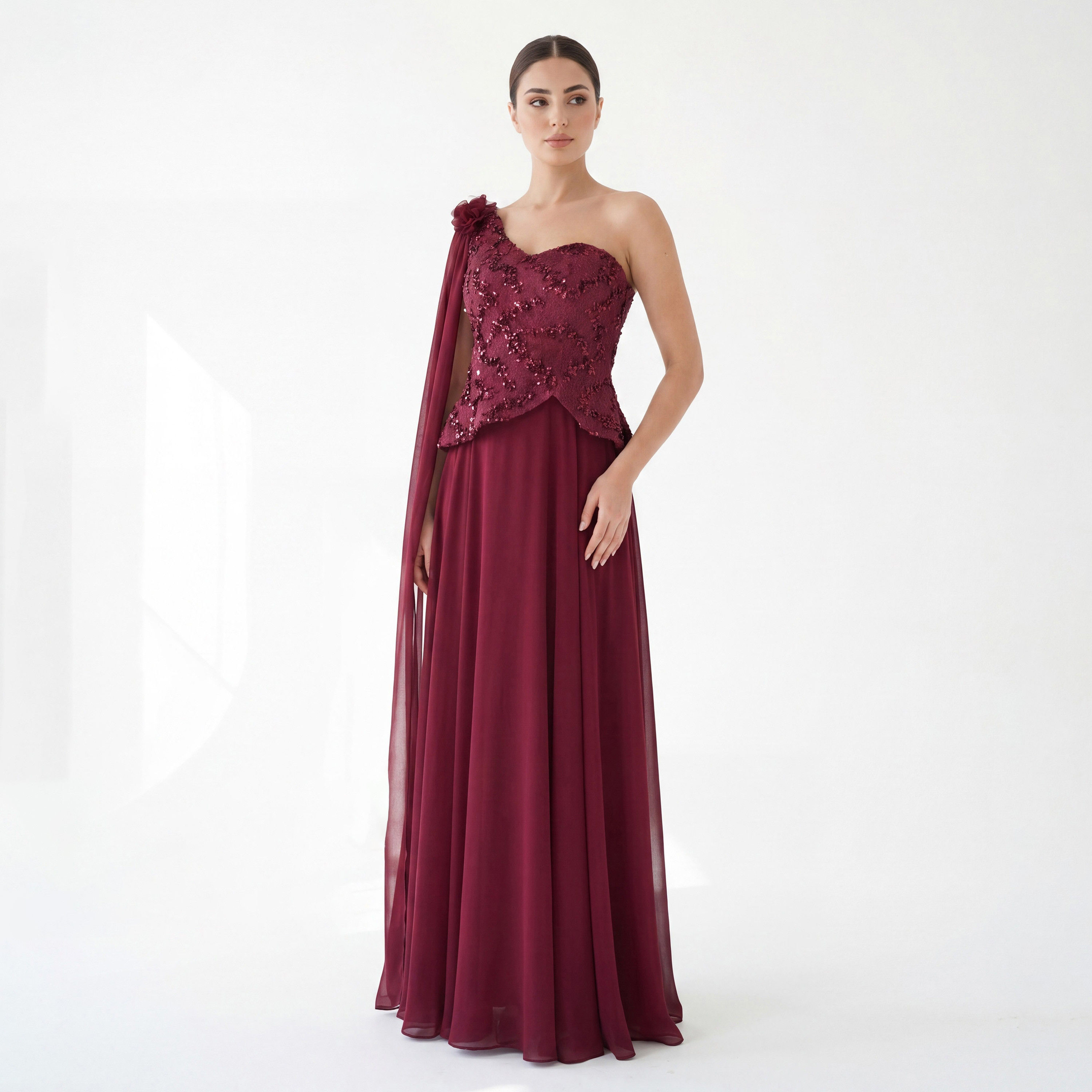 Akadia Embellished Chiffon One-Shoulder Asymmetric Fit & Flared Women's Evening Maxi Dress-women-clothing-dresses-image-1