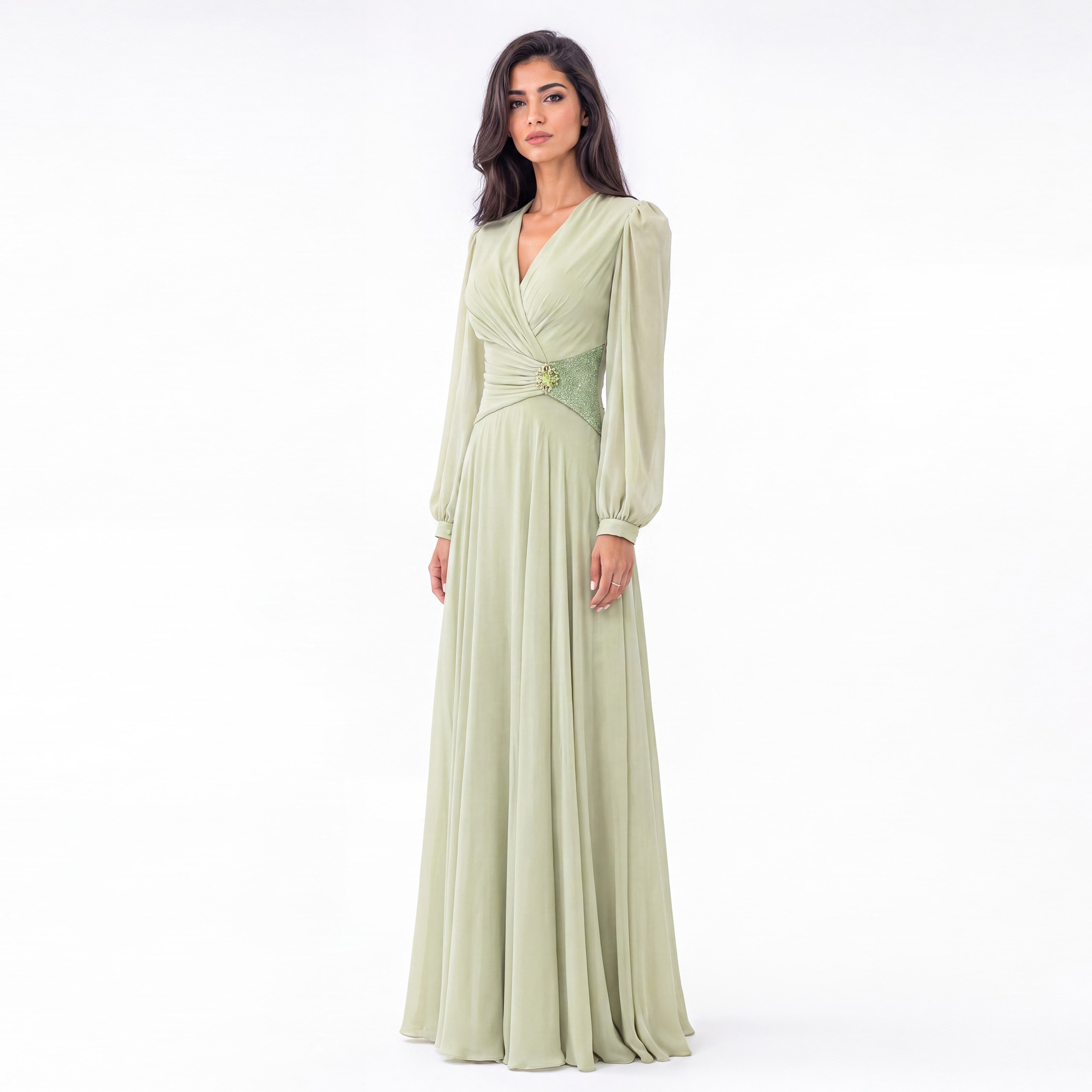Akadia Chiffon Surplice Neck Bishop Sleeves Fit & Flared Women's Evening Maxi Dress-women-clothing-dresses-image-2