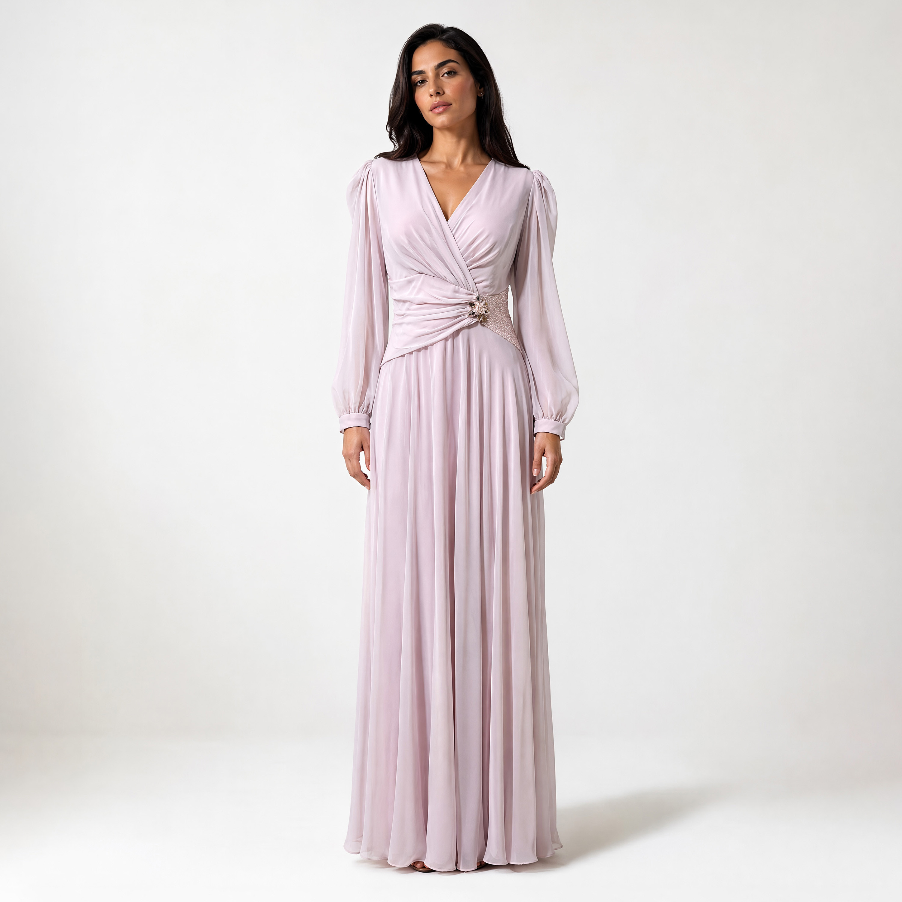 Akadia Chiffon Surplice Neck Bishop Sleeves Fit & Flared Women's Evening Maxi Dress-women-clothing-dresses-image-1