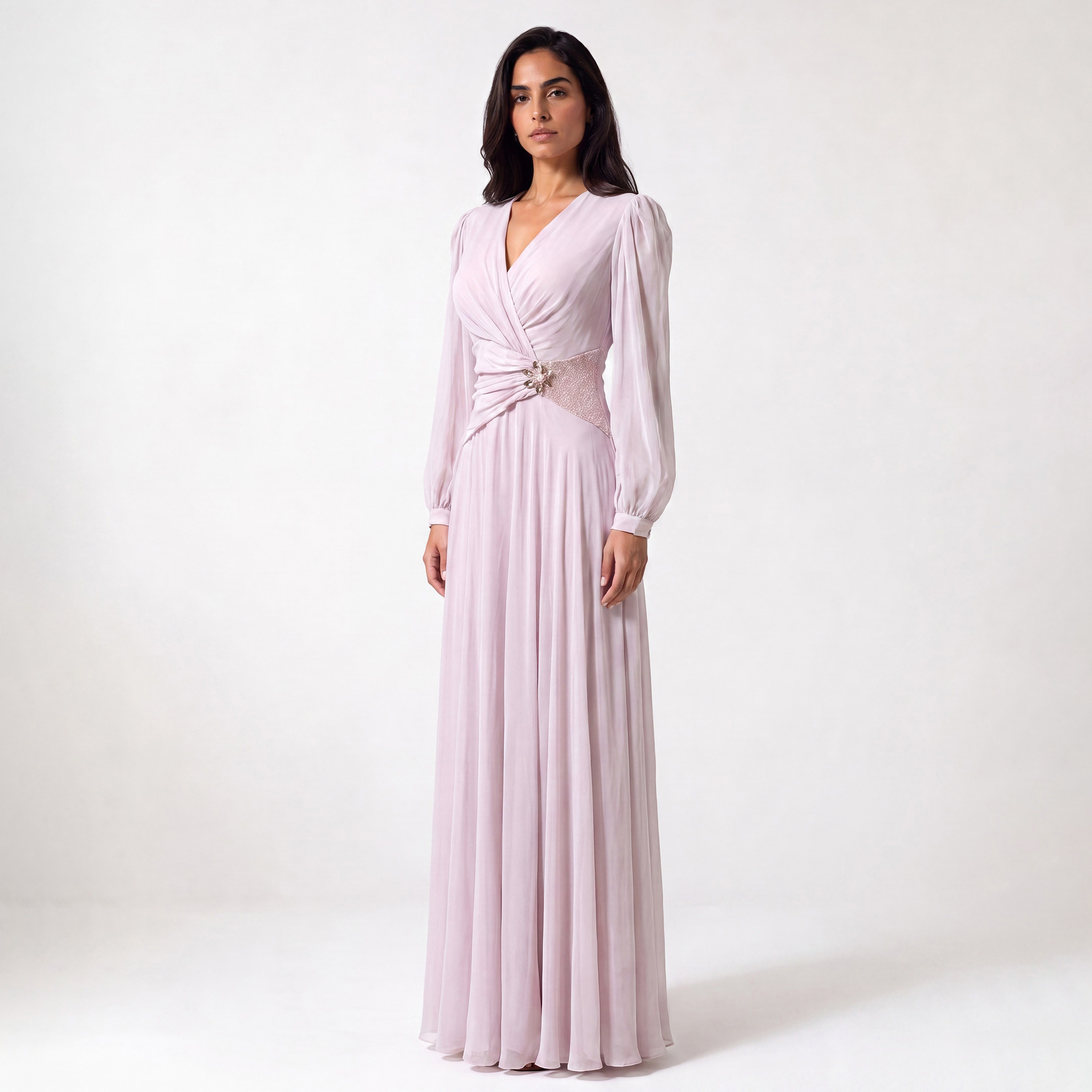Akadia Chiffon Surplice Neck Bishop Sleeves Fit & Flared Women's Evening Maxi Dress-women-clothing-dresses-image-2