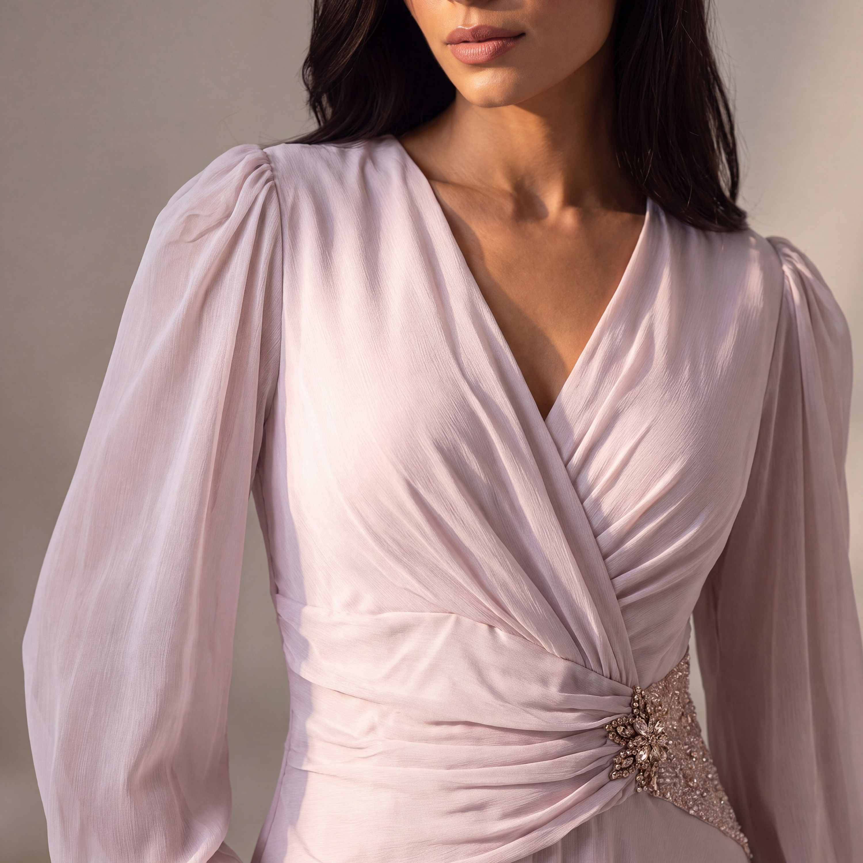 Akadia Chiffon Surplice Neck Bishop Sleeves Fit & Flared Women's Evening Maxi Dress-women-clothing-dresses-image-4