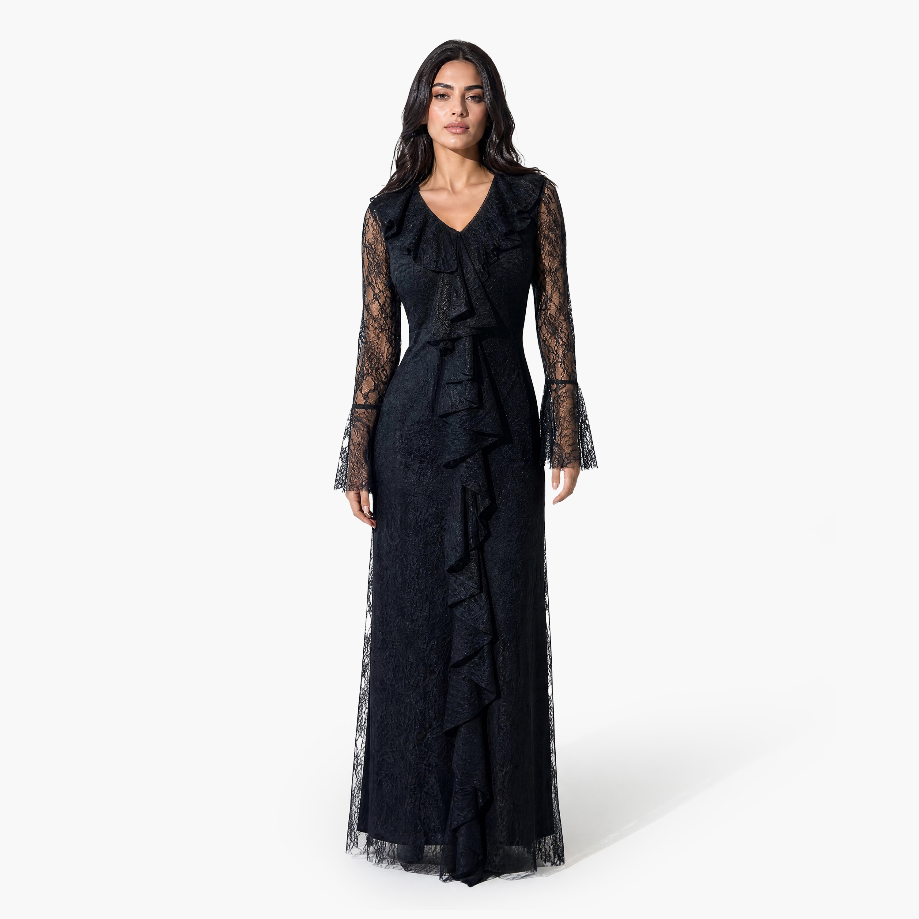 Akadia All-Over Lace Ruffled Dantel Bell Sleeves Fit & Flared Women's Evening Maxi Dress-women-clothing-dresses-image-9