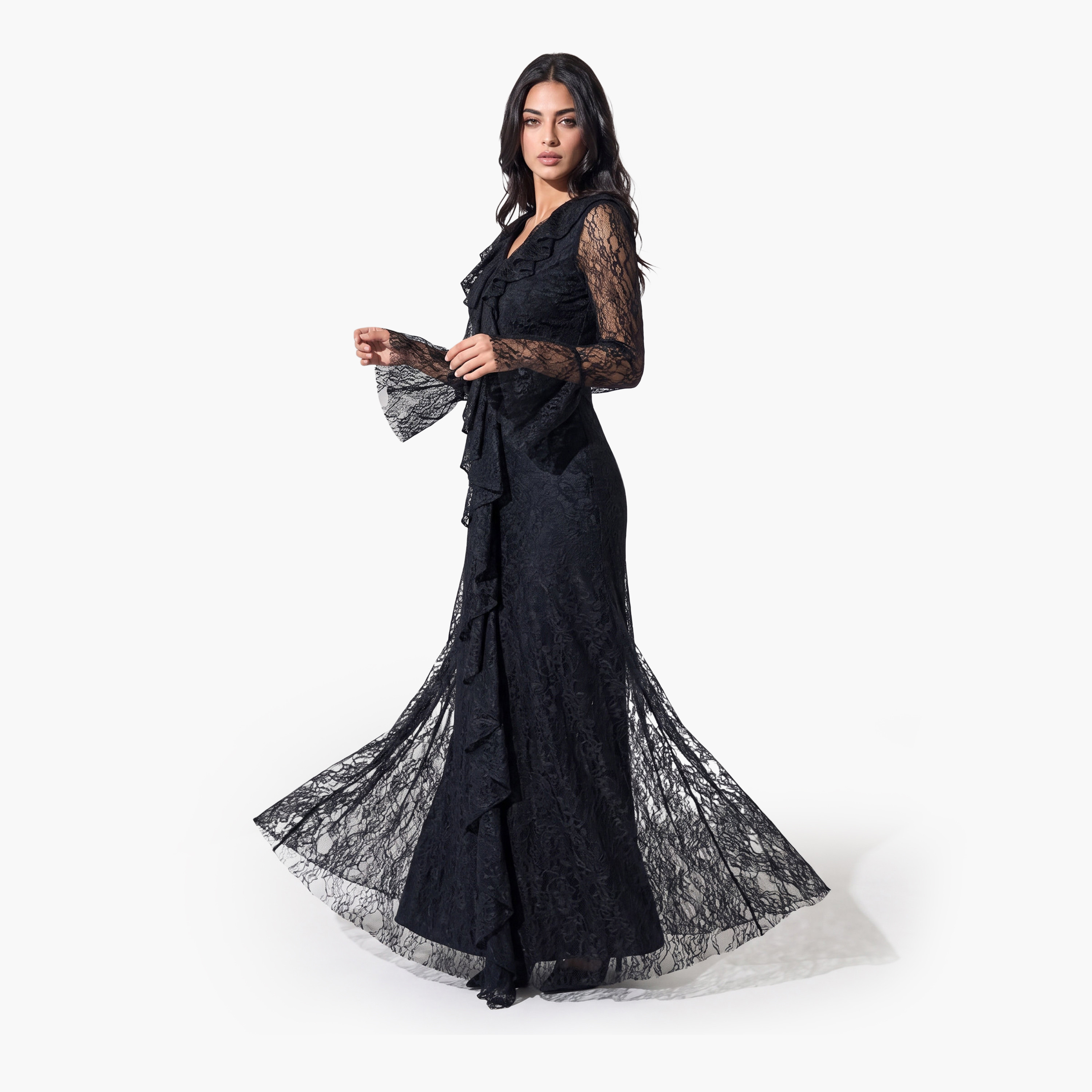 Akadia All-Over Lace Ruffled Dantel Bell Sleeves Fit & Flared Women's Evening Maxi Dress-women-clothing-dresses-image-10