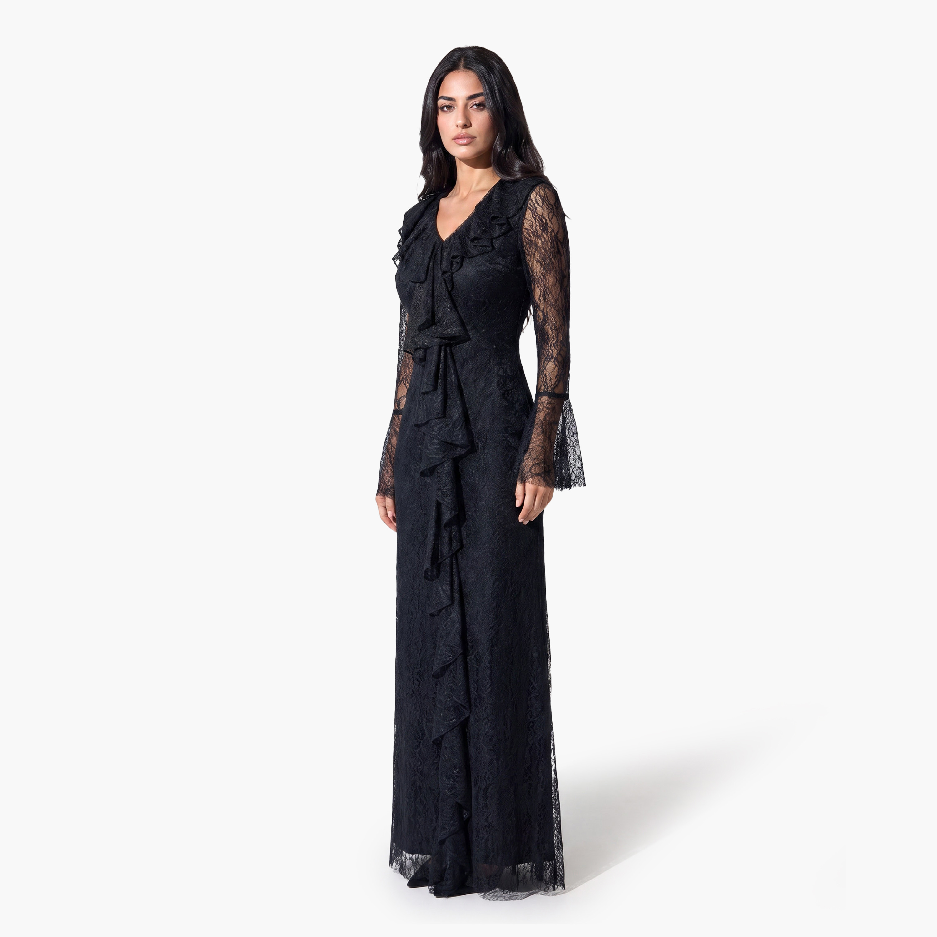 Akadia All-Over Lace Ruffled Dantel Bell Sleeves Fit & Flared Women's Evening Maxi Dress-women-clothing-dresses-image-3