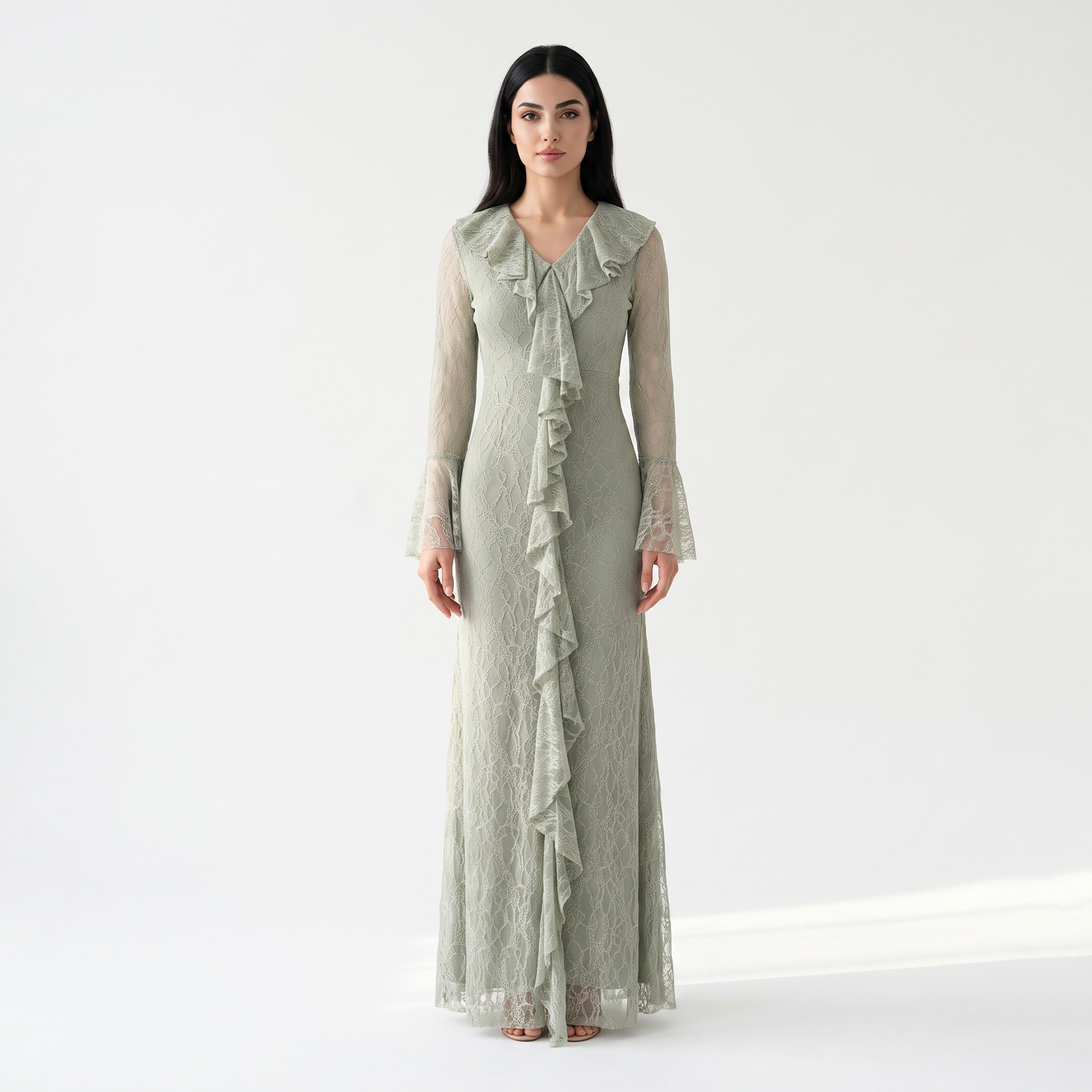 Akadia All-Over Lace Ruffled Dantel Bell Sleeves Fit & Flared Women's Evening Maxi Dress-women-clothing-dresses-image-1