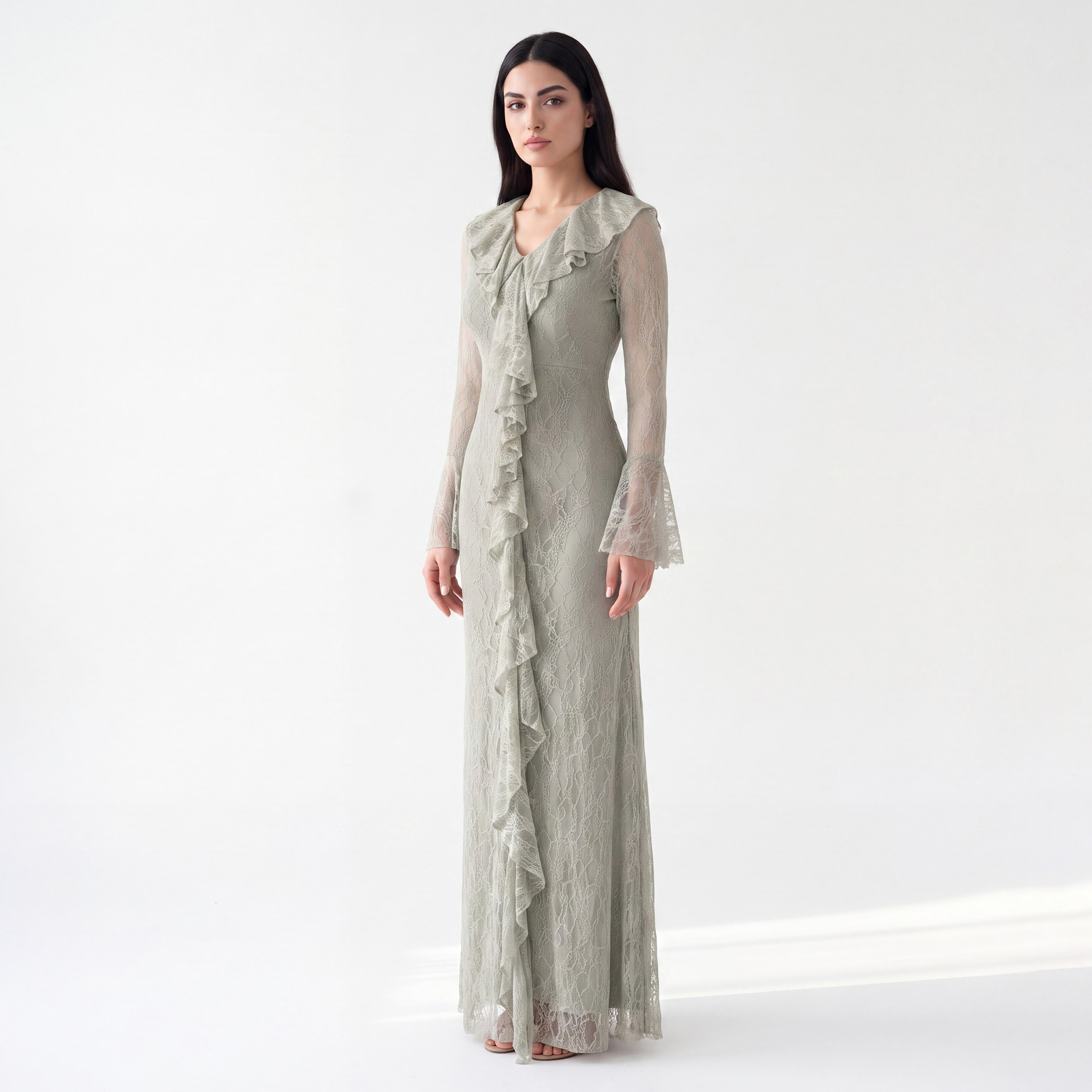 Akadia All-Over Lace Ruffled Dantel Bell Sleeves Fit & Flared Women's Evening Maxi Dress-women-clothing-dresses-image-2