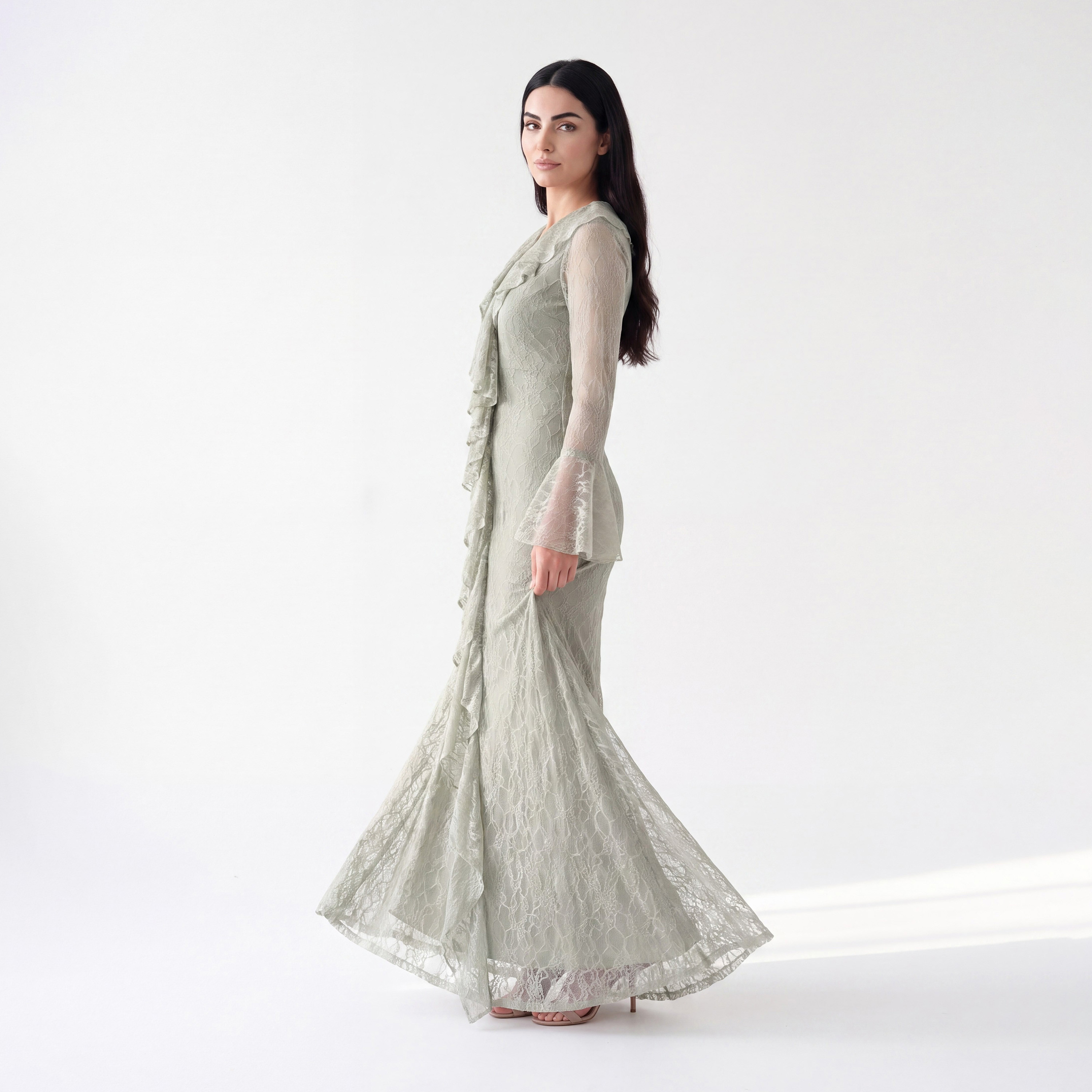 Akadia All-Over Lace Ruffled Dantel Bell Sleeves Fit & Flared Women's Evening Maxi Dress-women-clothing-dresses-image-3