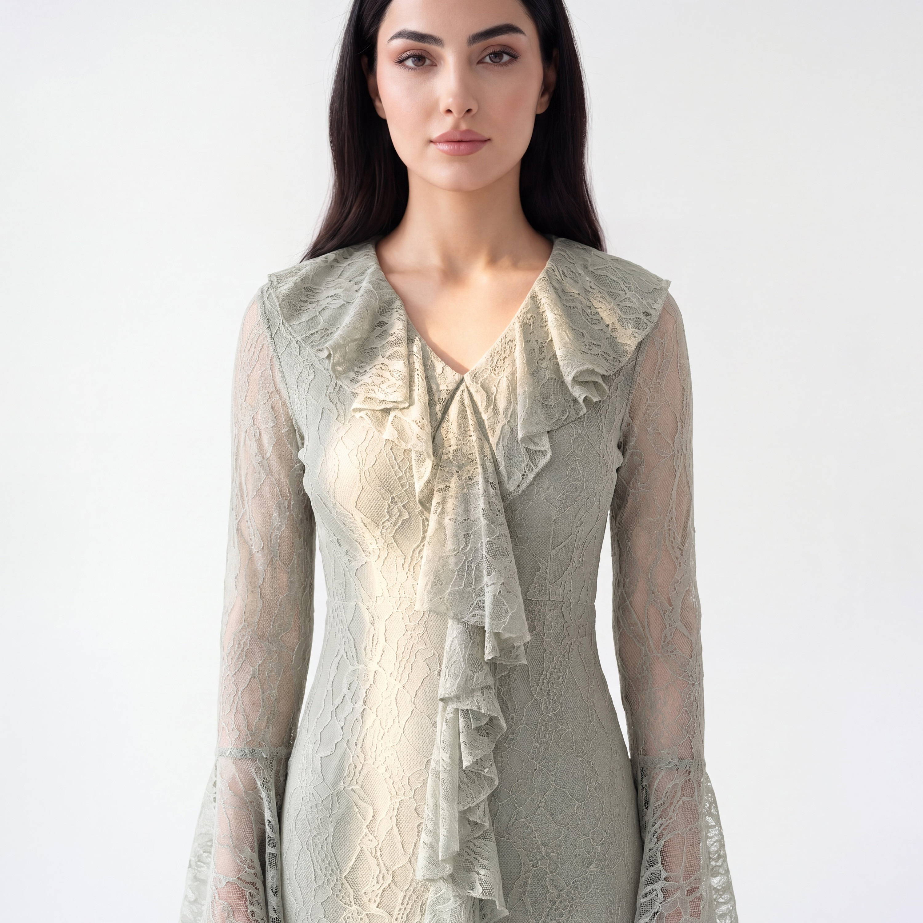 Akadia All-Over Lace Ruffled Dantel Bell Sleeves Fit & Flared Women's Evening Maxi Dress-women-clothing-dresses-image-4