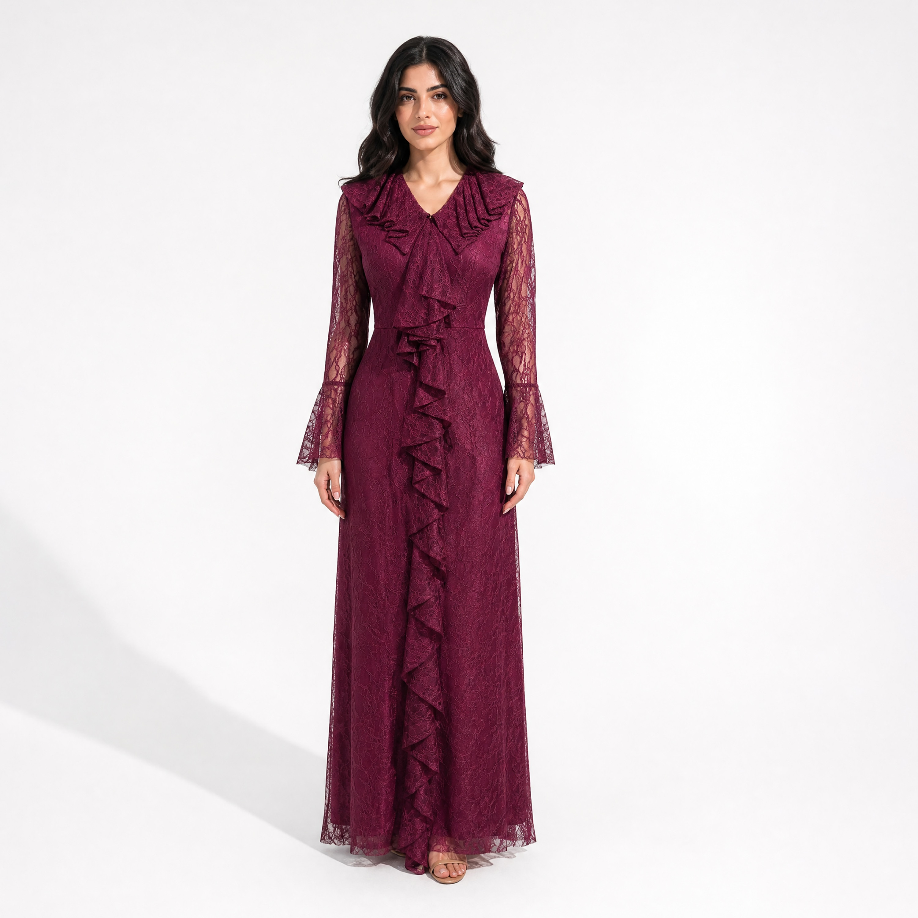 Akadia All-Over Lace Ruffled Dantel Bell Sleeves Fit & Flared Women's Evening Maxi Dress-women-clothing-dresses-image-13