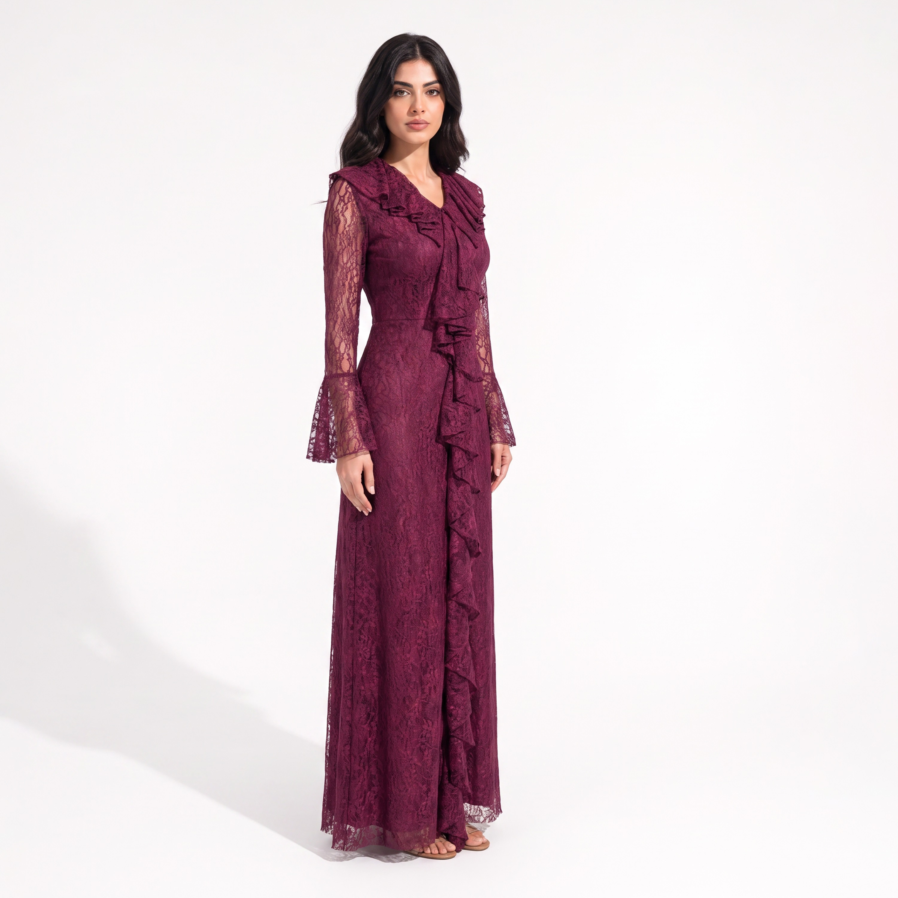 Akadia All-Over Lace Ruffled Dantel Bell Sleeves Fit & Flared Women's Evening Maxi Dress-women-clothing-dresses-image-14