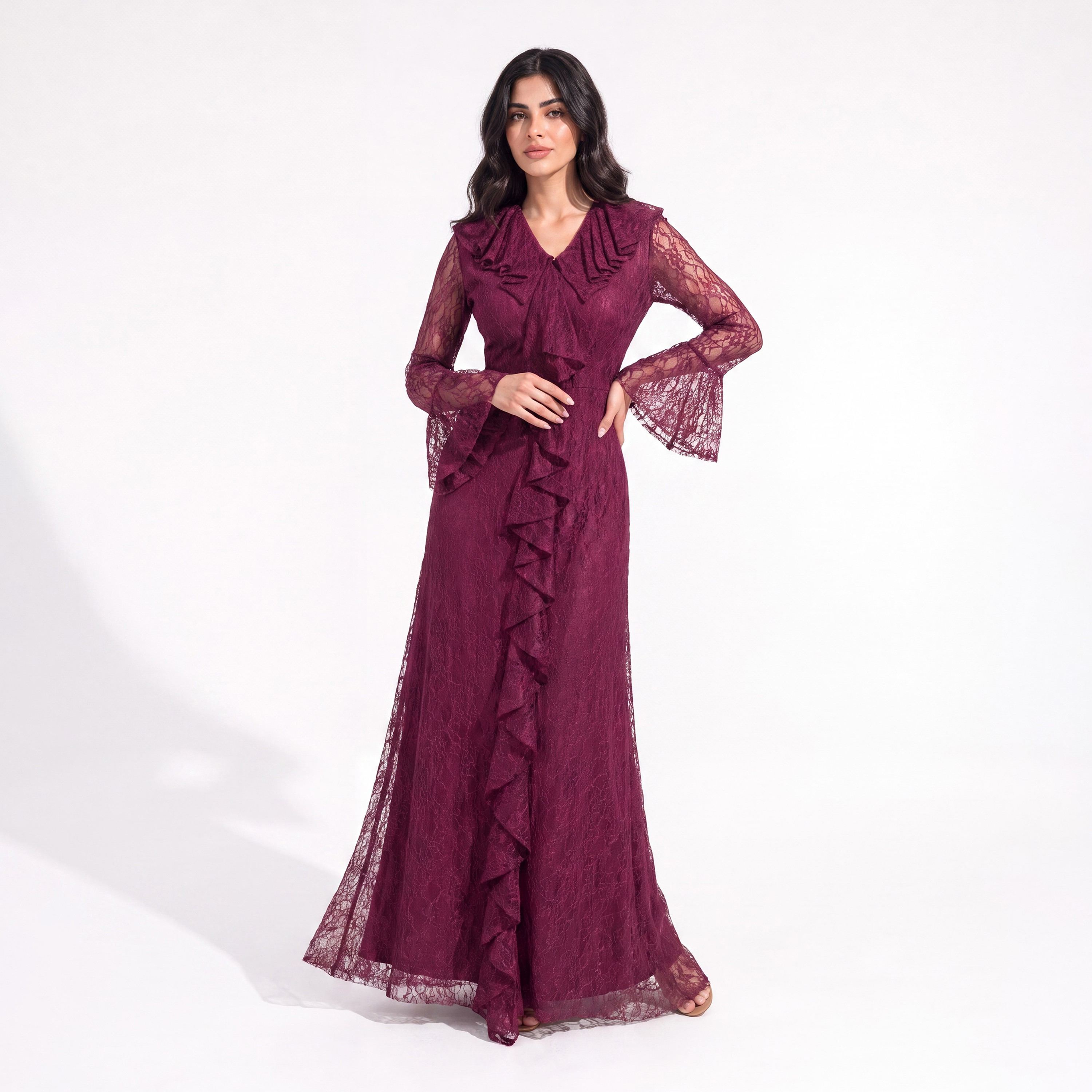 Akadia All-Over Lace Ruffled Dantel Bell Sleeves Fit & Flared Women's Evening Maxi Dress-women-clothing-dresses-image-15