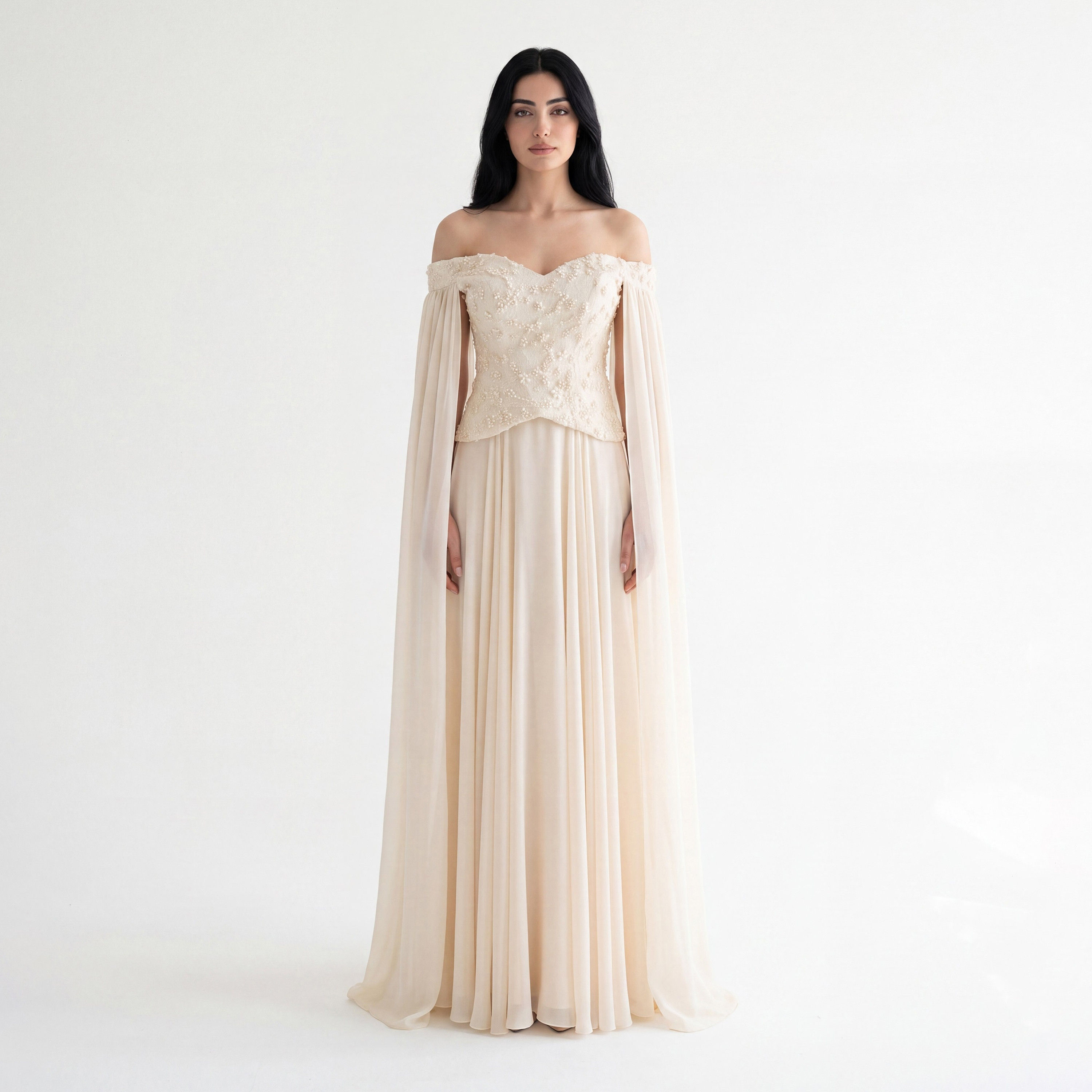 Akadia Pearl Embellished Chiffon Off-Shoulder Cape Sleeves Fit & Flared Women's Evening Maxi Dress-women-clothing-dresses-image-5