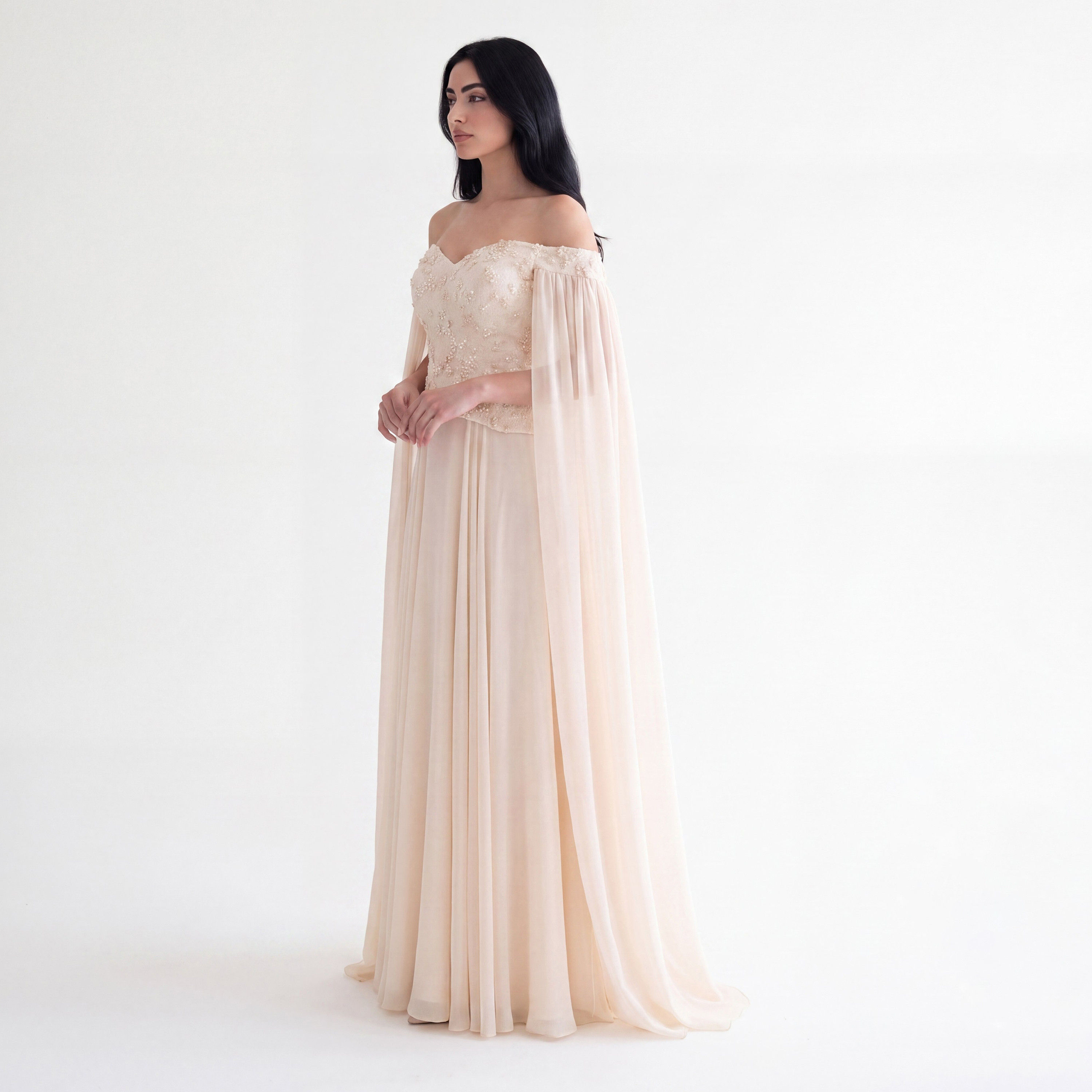 Akadia Pearl Embellished Chiffon Off-Shoulder Cape Sleeves Fit & Flared Women's Evening Maxi Dress-women-clothing-dresses-image-6