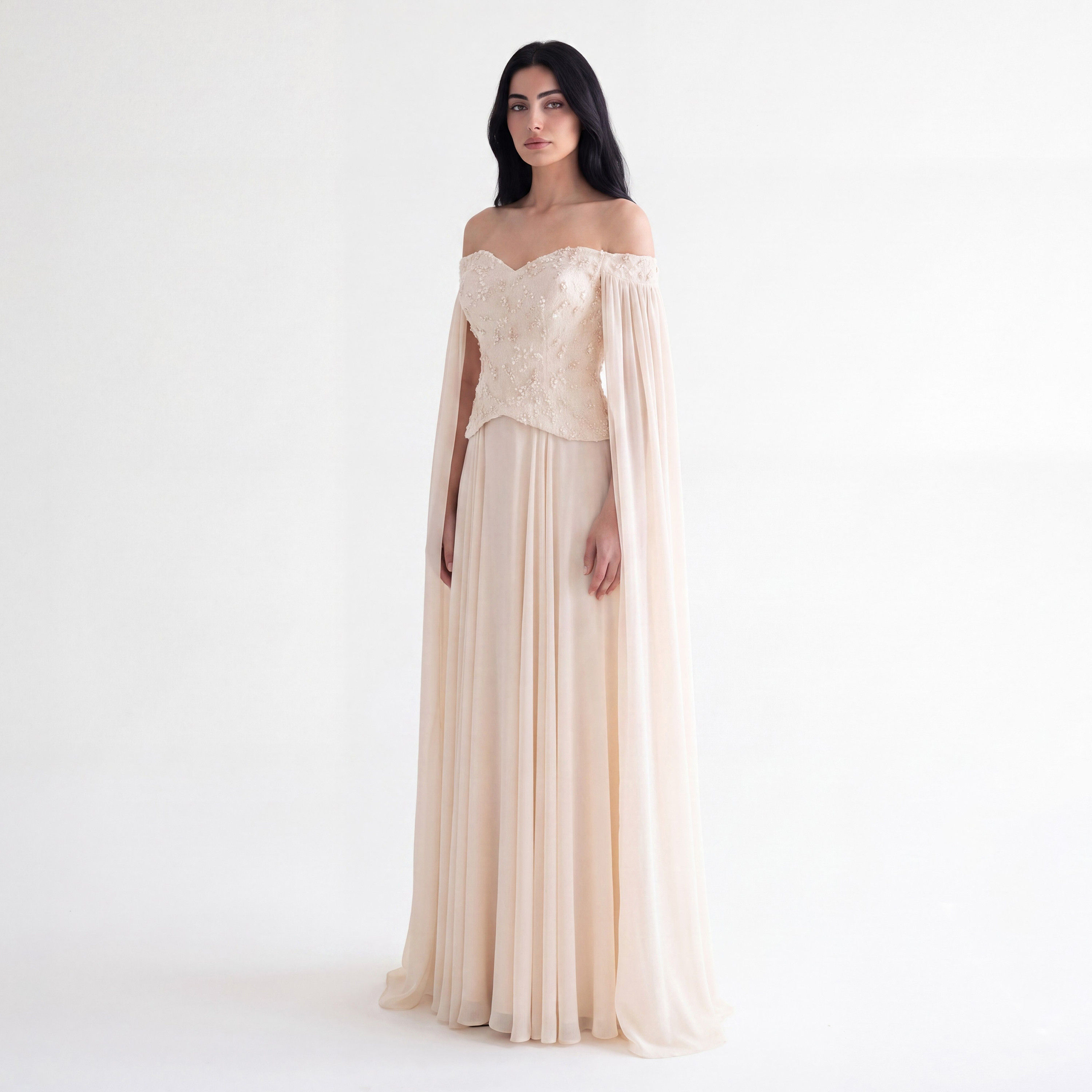 Akadia Pearl Embellished Chiffon Off-Shoulder Cape Sleeves Fit & Flared Women's Evening Maxi Dress-women-clothing-dresses-image-7