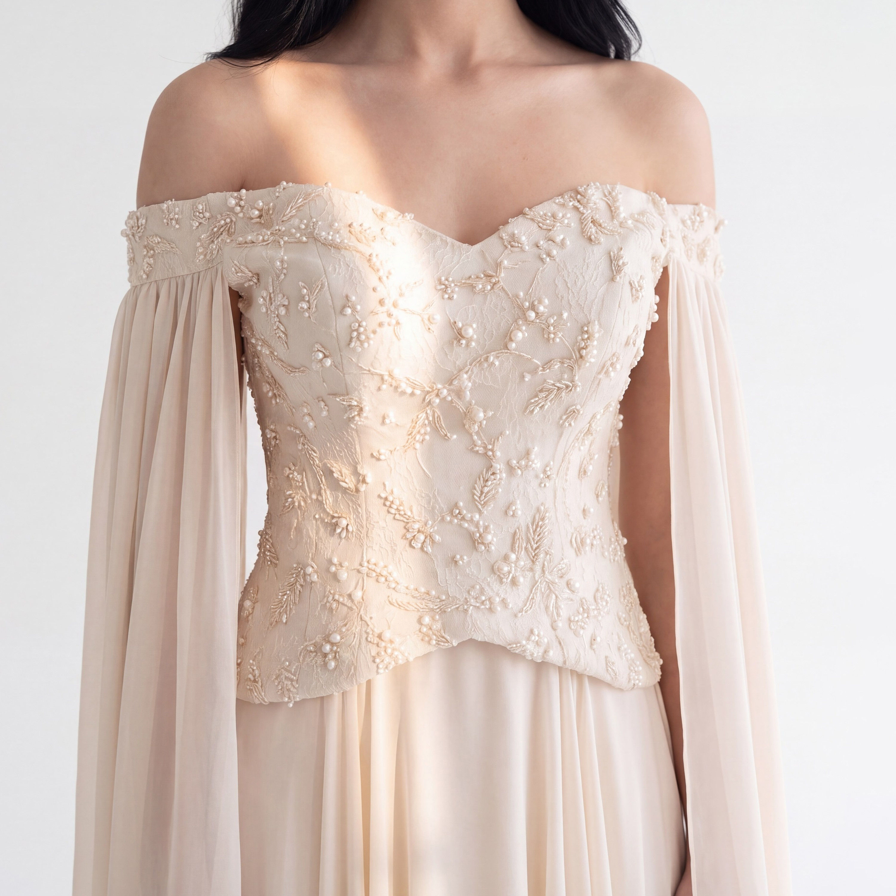 Akadia Pearl Embellished Chiffon Off-Shoulder Cape Sleeves Fit & Flared Women's Evening Maxi Dress-women-clothing-dresses-image-8