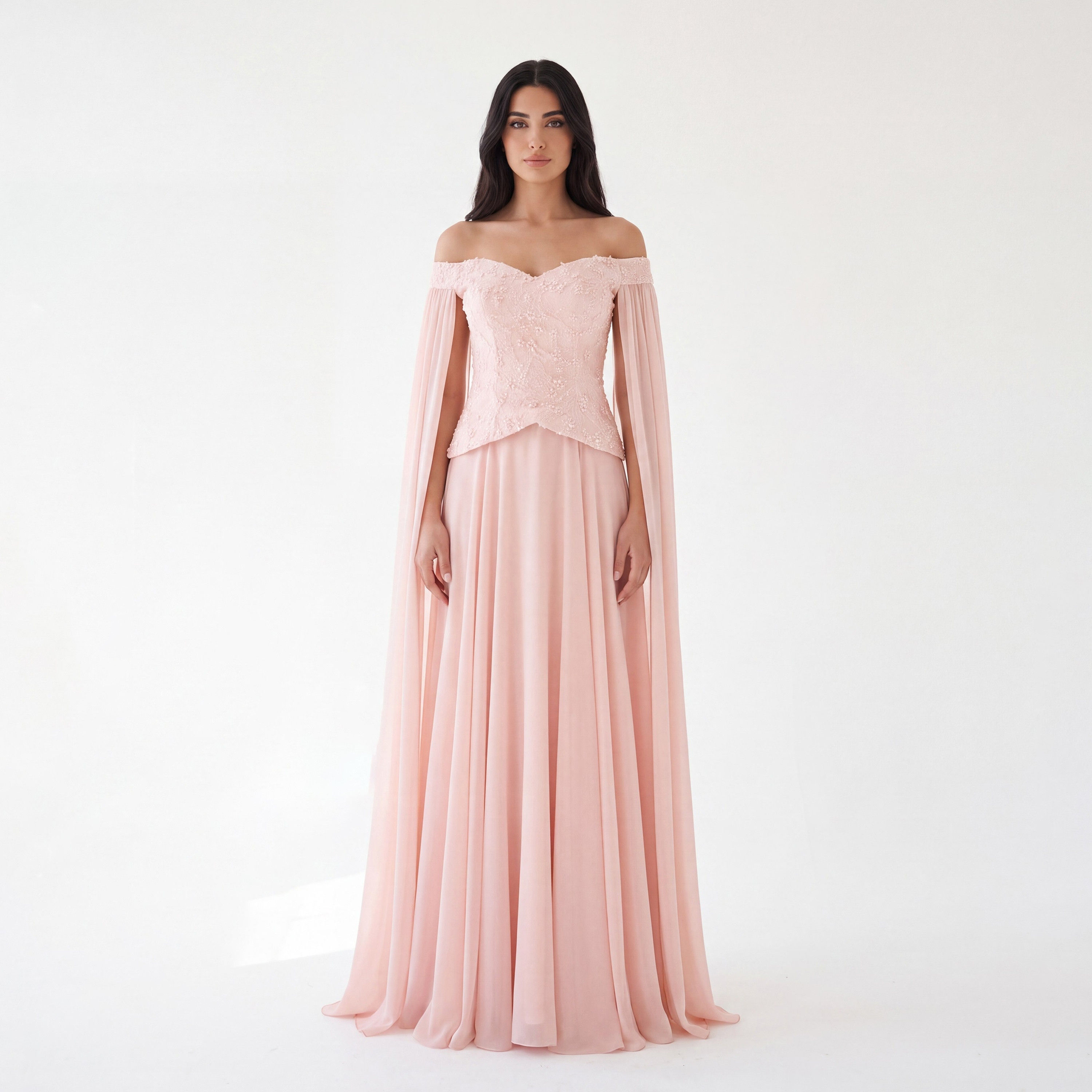 Akadia Pearl Embellished Chiffon Off-Shoulder Cape Sleeves Fit & Flared Women's Evening Maxi Dress-women-clothing-dresses-image-1