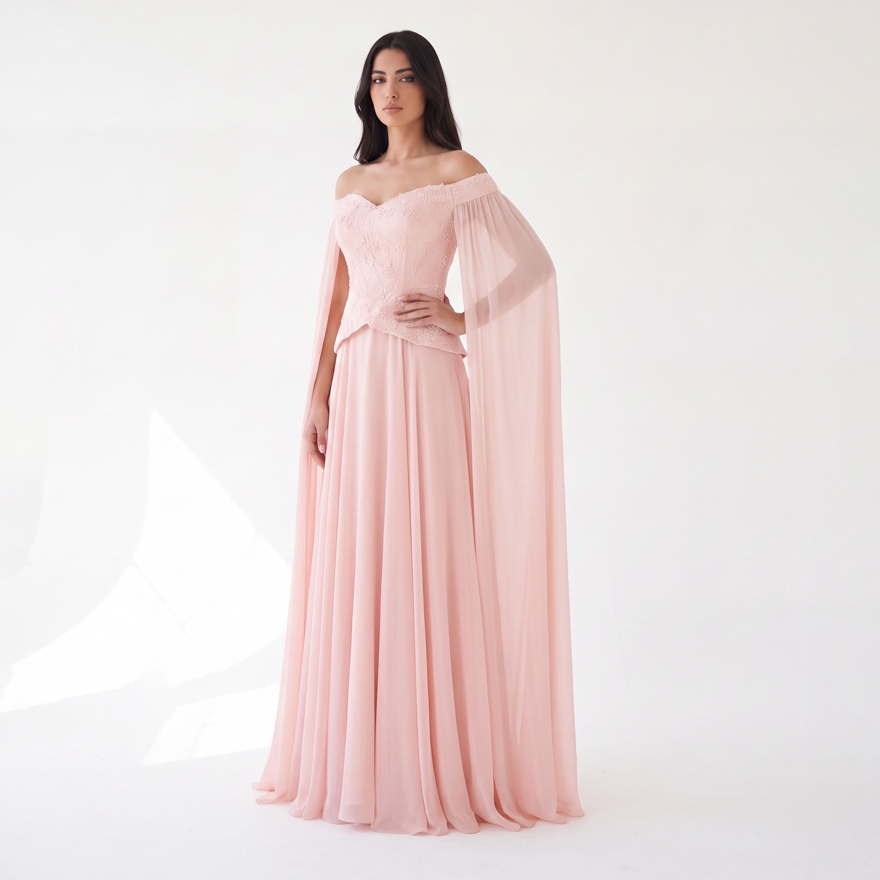 Akadia Pearl Embellished Chiffon Off-Shoulder Cape Sleeves Fit & Flared Women's Evening Maxi Dress-women-clothing-dresses-image-2