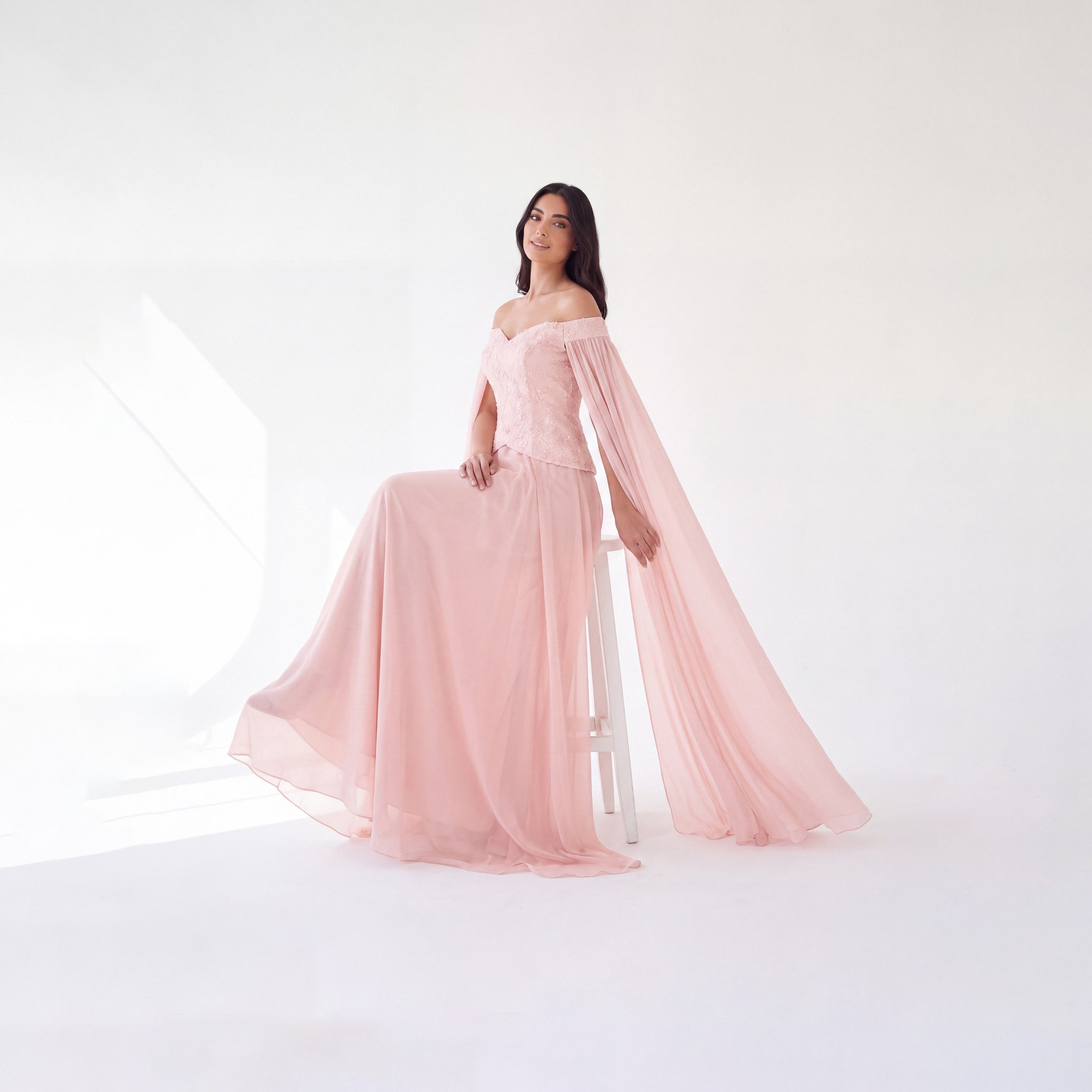 Akadia Pearl Embellished Chiffon Off-Shoulder Cape Sleeves Fit & Flared Women's Evening Maxi Dress-women-clothing-dresses-image-3