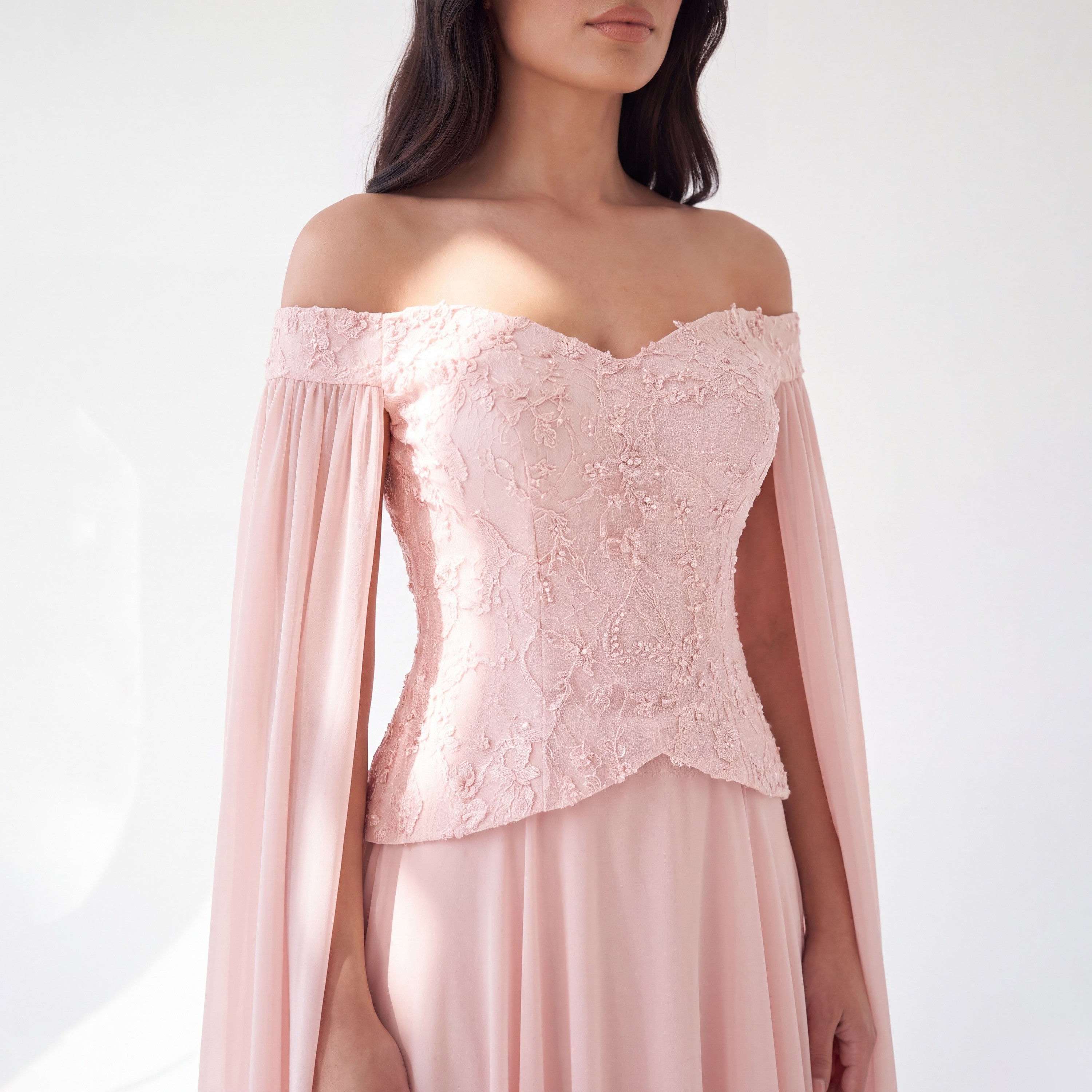 Akadia Pearl Embellished Chiffon Off-Shoulder Cape Sleeves Fit & Flared Women's Evening Maxi Dress-women-clothing-dresses-image-4