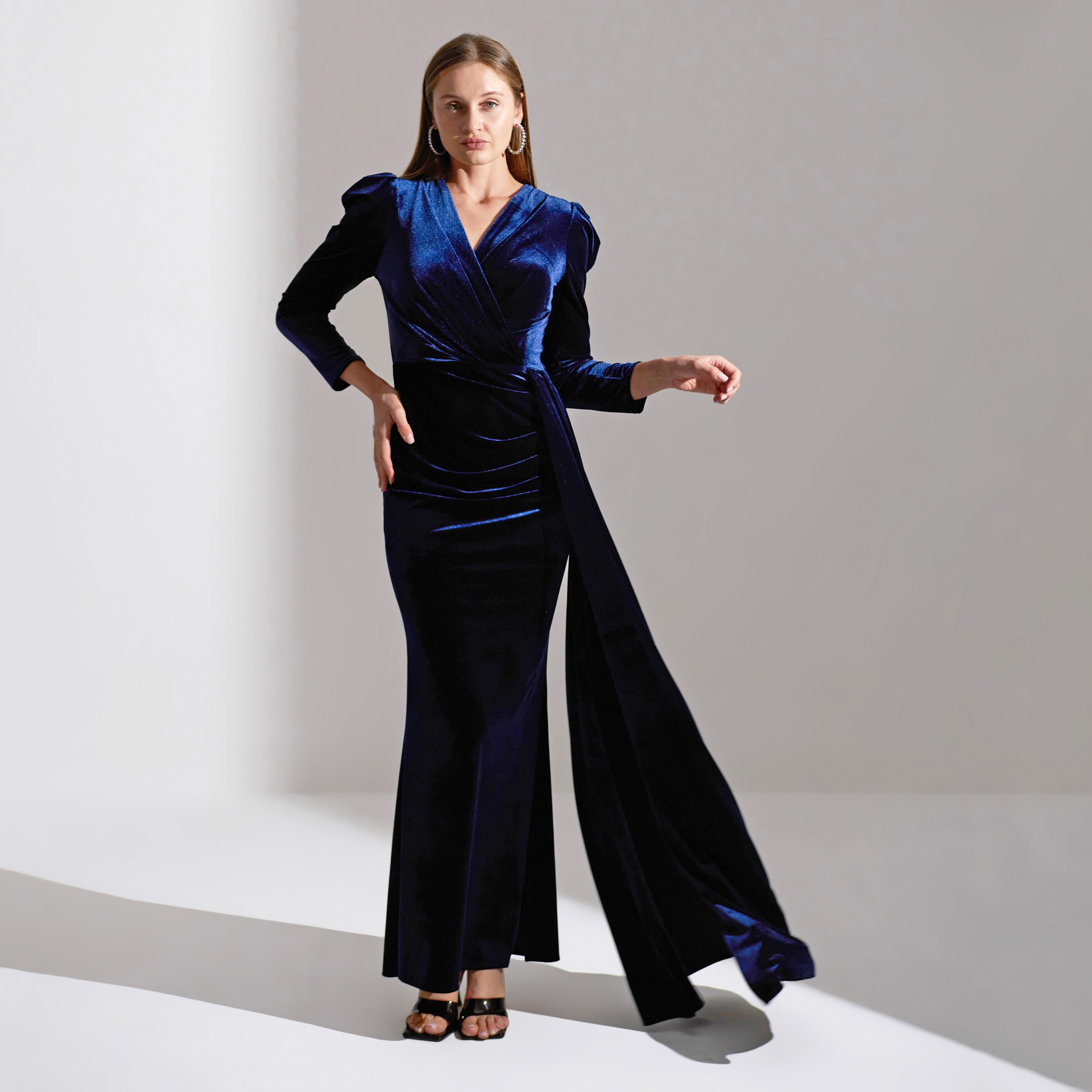 Akadia Side Tail Puff Sleeves Velvet Evening Women's Maxi Dress-women-clothing-dresses-image-2