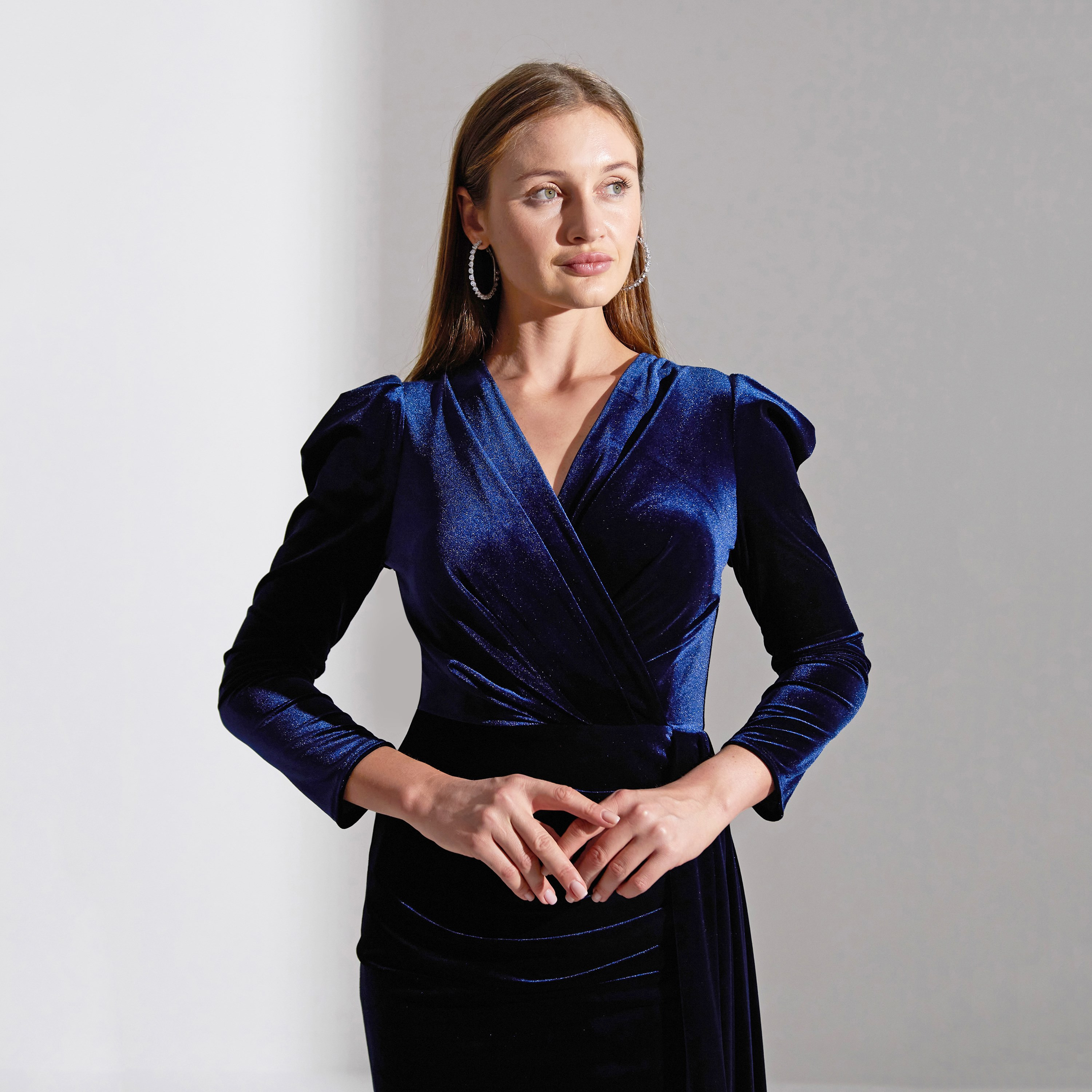 Akadia Side Tail Puff Sleeves Velvet Evening Women's Maxi Dress-women-clothing-dresses-image-4
