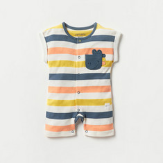 Juniors Striped Romper with Round Neck and Button Closure