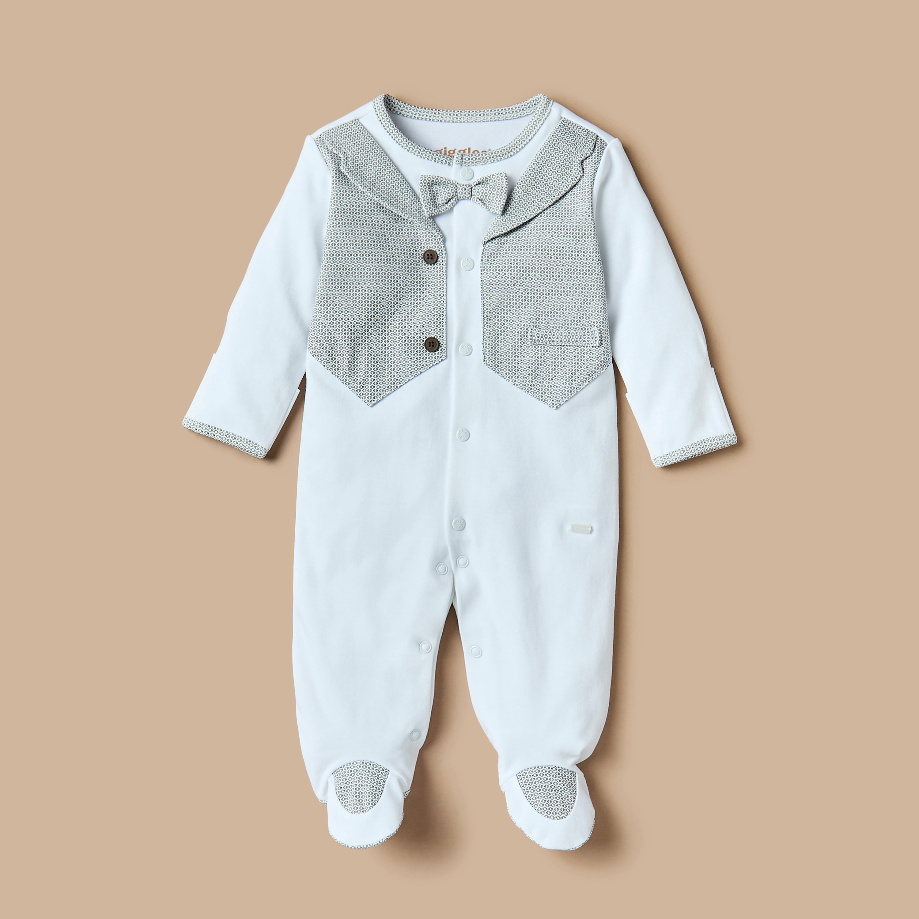 Giggles Bow Applique Footed Sleepsuit with Long Sleeves and Snap Button Closure-baby-boys-clothing-nightwear-sleepsuits-image-1
