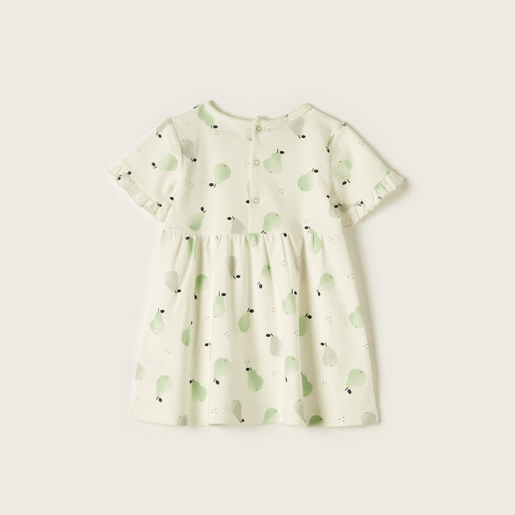 Juniors Pear Print Dress with Round Neck and Short Sleeves