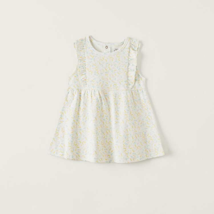 Juniors All-Over Floral Print A-line Sleeveless Dress with Frill Detail