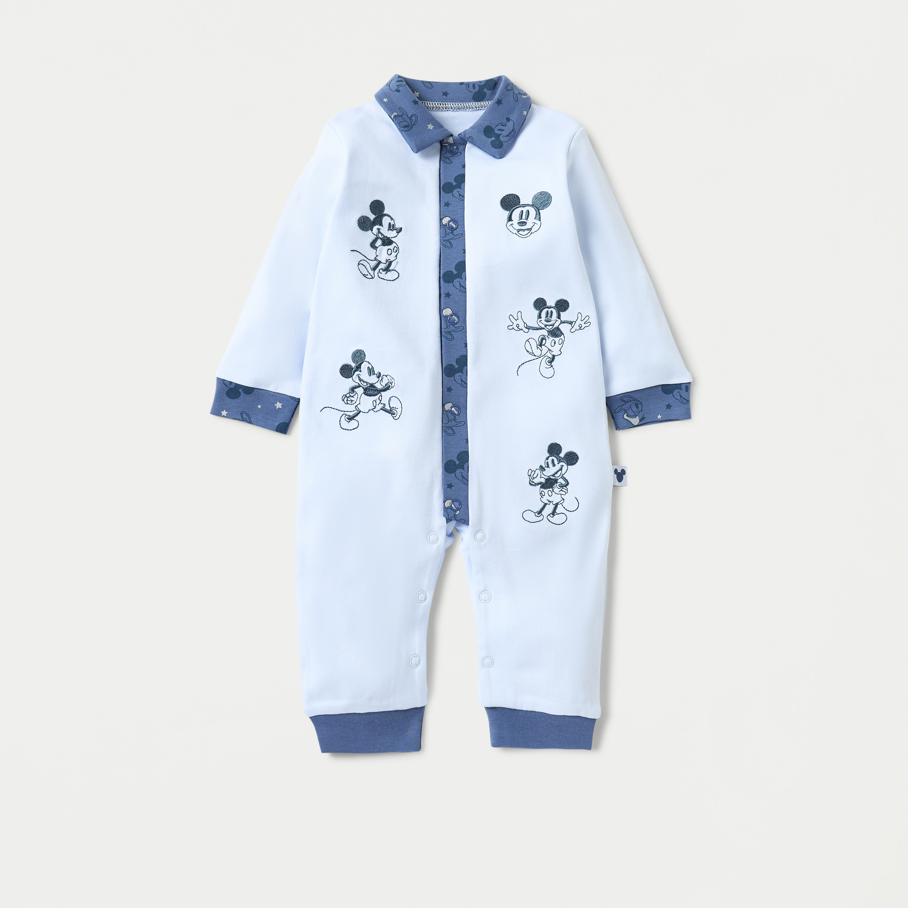 Mickey Mouse Embroidered Sleepsuit with Collared Neckline and Button Closure-baby-boys-clothing-nightwear-sleepsuits-image-1
