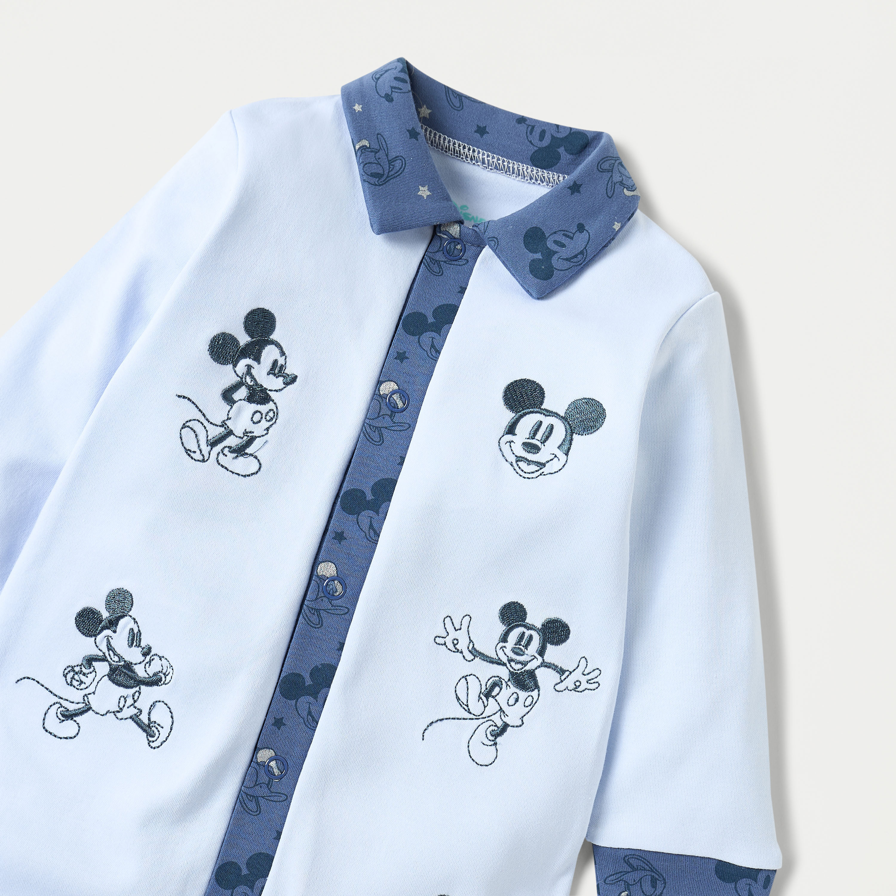 Mickey Mouse Embroidered Sleepsuit with Collared Neckline and Button Closure-baby-boys-clothing-nightwear-sleepsuits-image-2