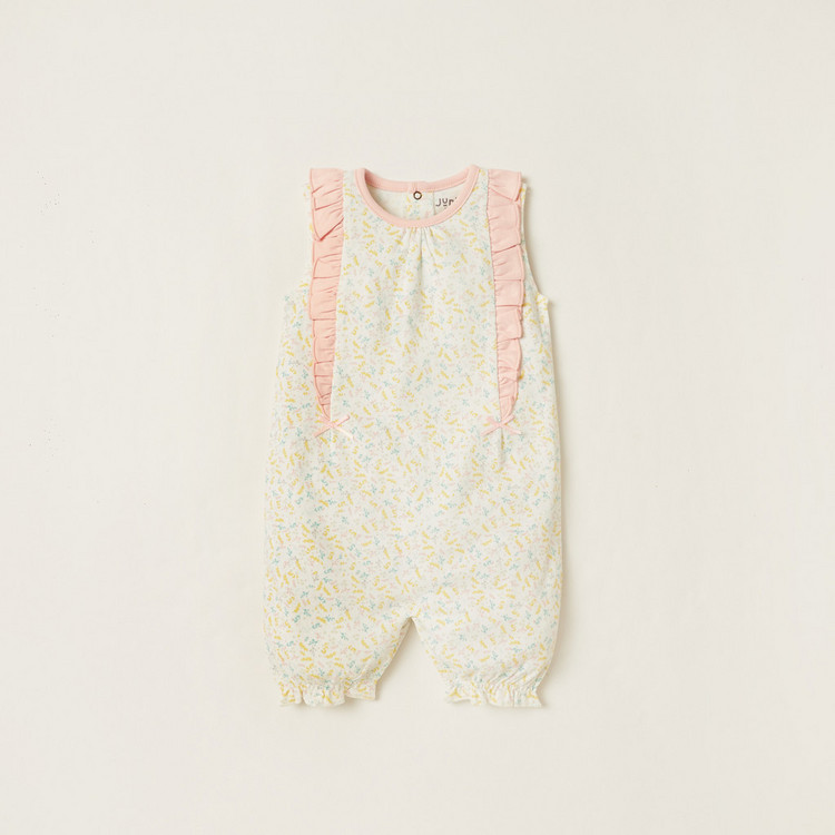 Juniors All-Over Printed Sleeveless Romper with Frill Detail