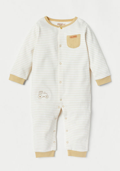 Giggles Striped Sleepsuit with Pocket and Long Sleeves-Sleepsuits-image-0